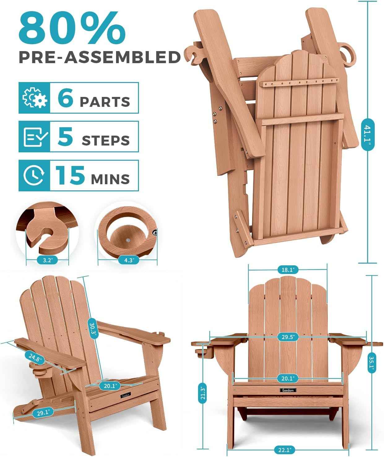 Folding Adirondack Chairs Set of 2, All-Weather HDPE Fire Pit Chair with 2 Cup Holders, Plastic Outdoor Chair for Patio Deck Garden Lawn, Teak