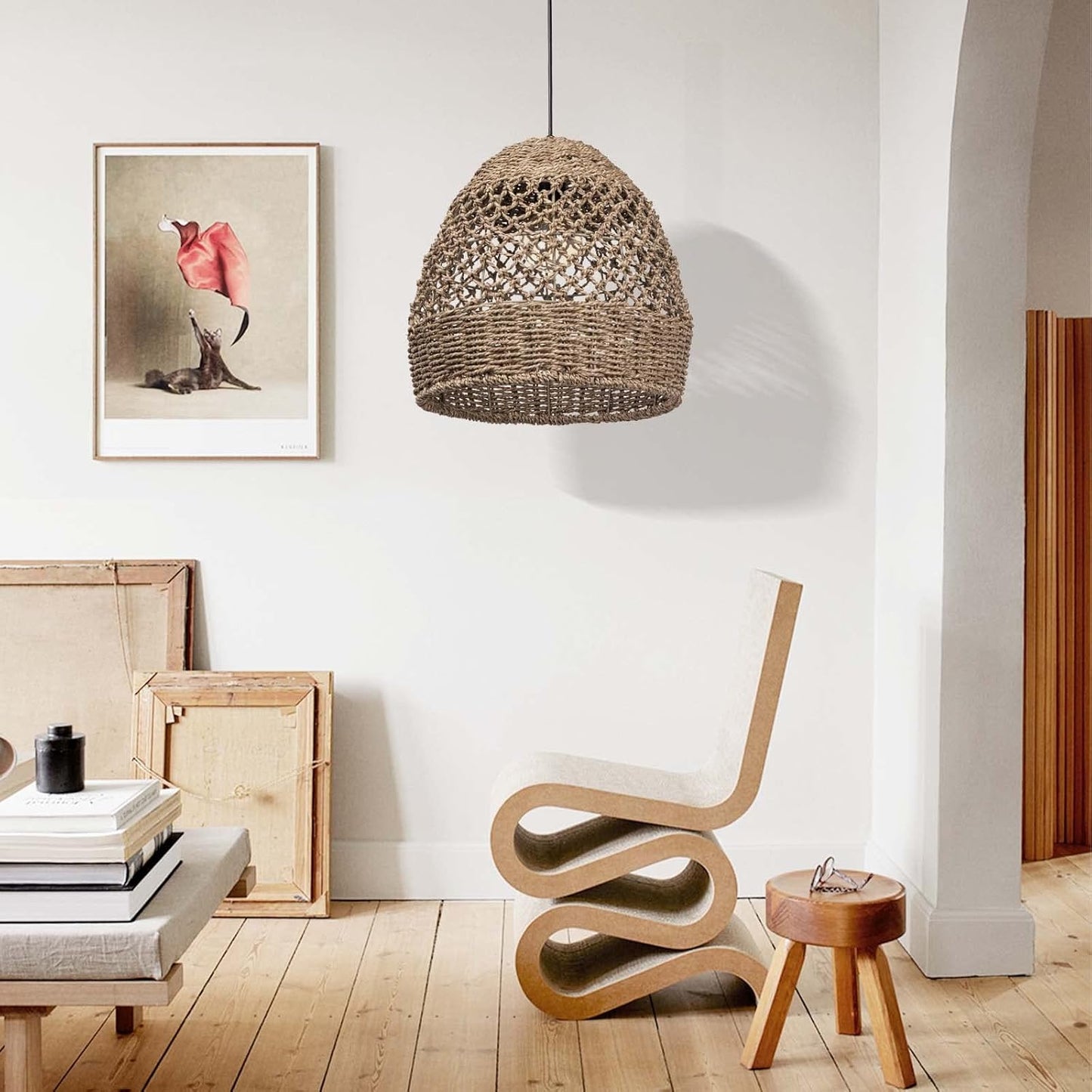 Arturesthome Rattan Woven Pendant Light for Kitchen Island, Hand-Woven Ceiling Chandelier, Handmade Natural Seaweed Hanging Lights Crafts Lampshade D 15.7in