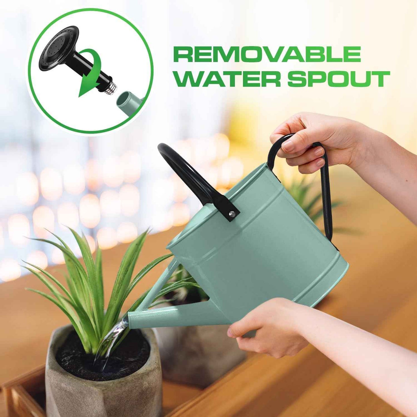Plexon Metal Watering Can Outdoor 1 Gallon, Flower Plant Gardening Garden Large Watering Can Pot, Black Galvanized Steel Handles and Removable Spray Spout, Aqua Mist Blue