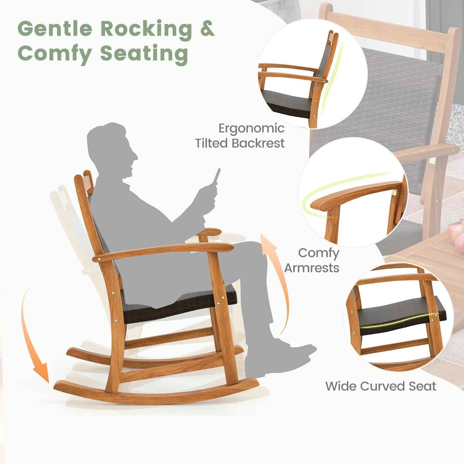 3 Pieces Rocking Chair Set, Acacia Wood Rocking Set with Coffee Table, Wicker Seat & Backrest, Patio Bistro Set Outdoor Conversation Set for Balcony, Garden, Backyard & Poolside