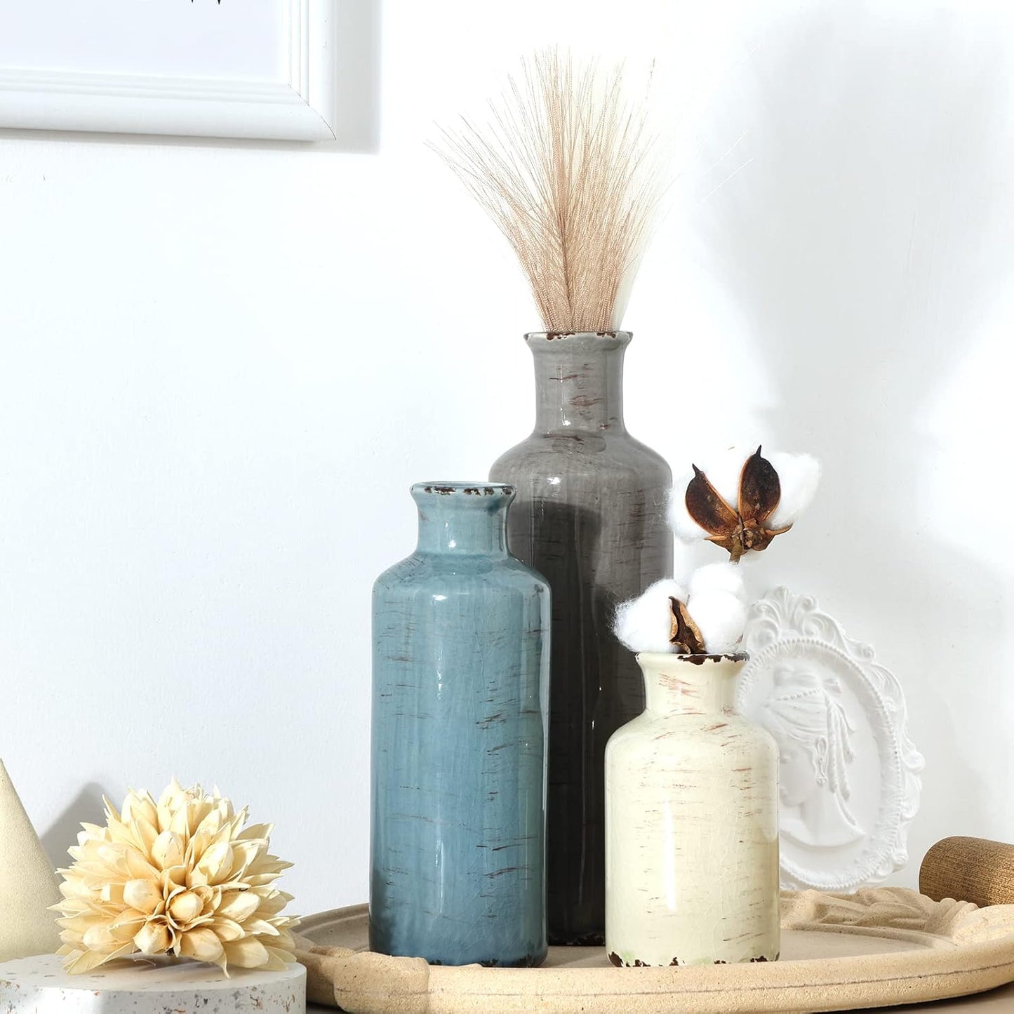 CUCUMI Ceramic Flower Vases Set of 3, Rustic Coastal Home Decor for Farmhouse Shelves, Ocean Beach Style, Mantle, Fireplace, Coffee Table, Shelf for Living Room