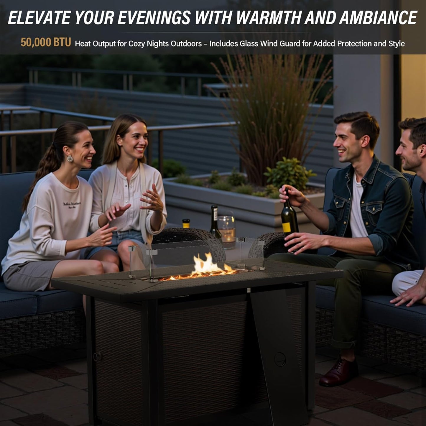 8 Piece Patio Furniture Set with 50000 BTU Propane Fire Pit Table, Outdoor Conversation Set with 2 Swivel Rocker Chairs Wicker Sofa and Ottomans for Casual Gatherings
