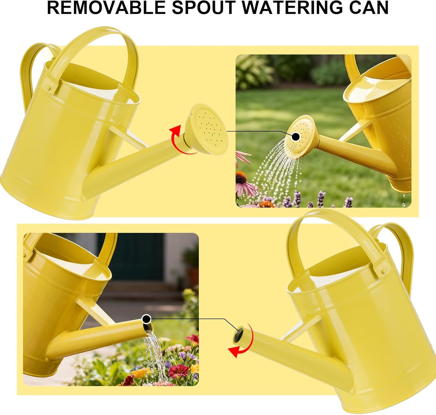 Topadorn 55 oz Vintage Metal Watering Can, Long Spout with Removable Sprinkler for Indoor & Outdoor Plants, Yellow