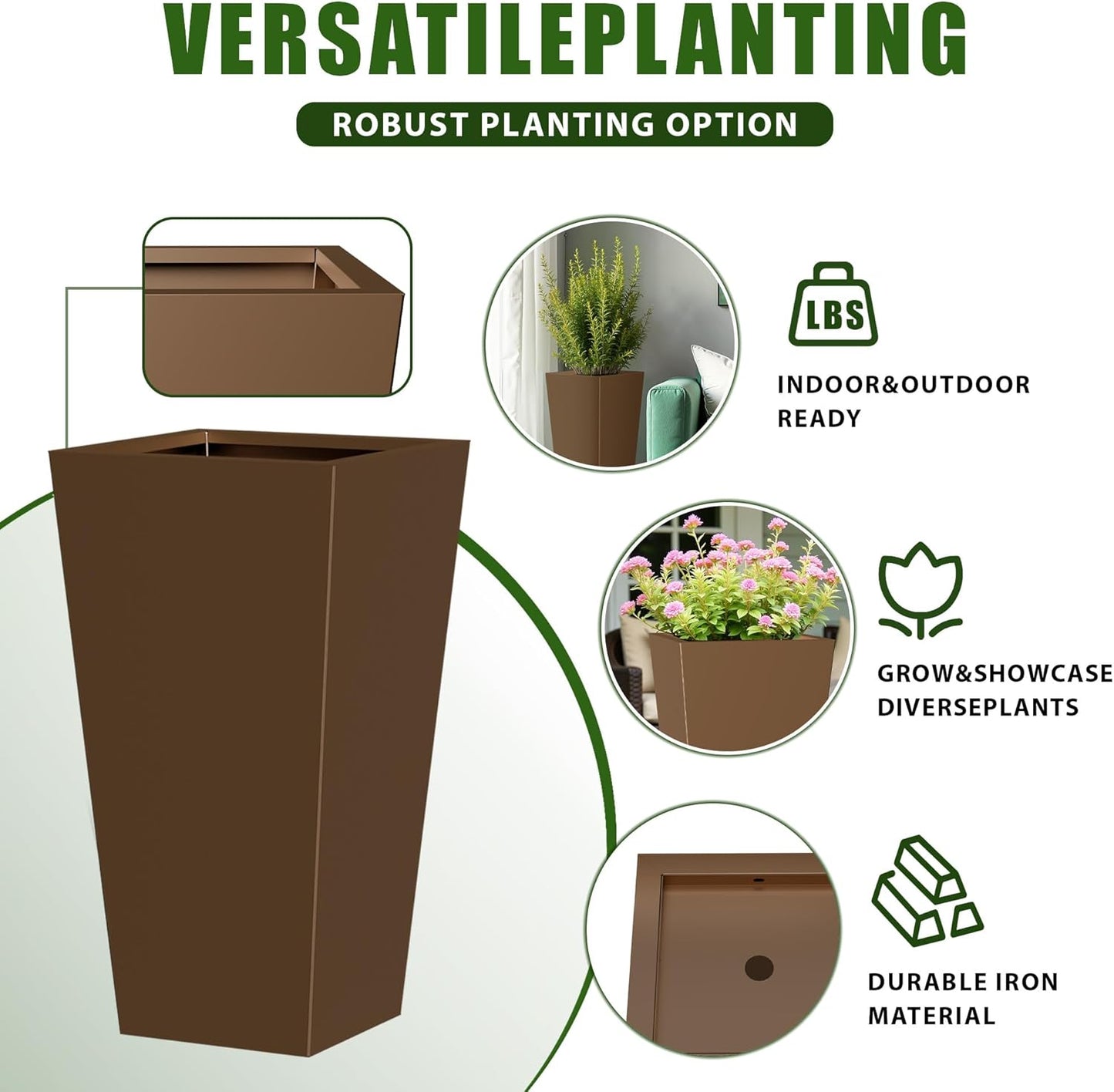 Casaphoriar 28 Inch Tall Metal Planter Box Set of 2, Weather-Resistant Indoor/Outdoor Flower Pots with Removable Inner Shelf, Perfect for Patio, Garden, and Balcony Decor, Brown