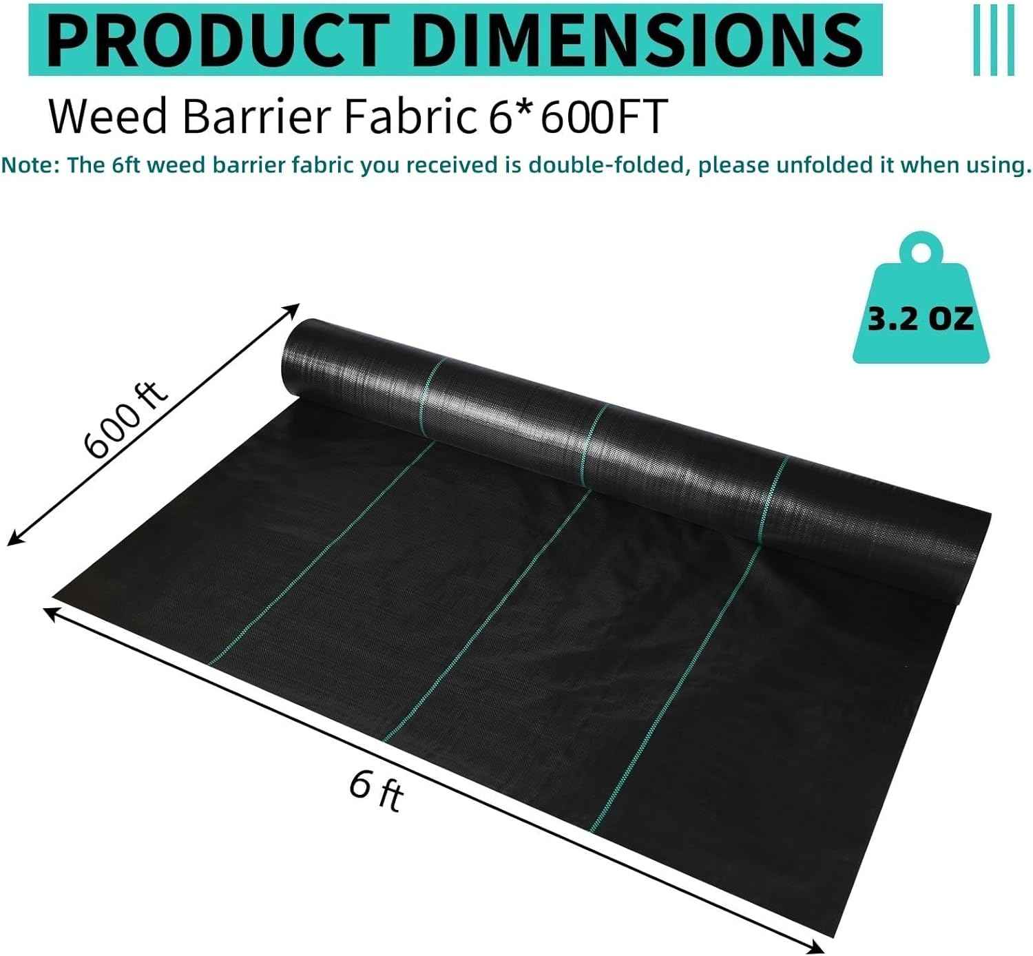 6FT x 600FT Weed Barrier Fabric Heavy Duty, Premium Landscape Fabric 3.2Oz, Durable Ground Cover Weed Block for Gardening, High Permeability Good, Easy to Install & Superior Weed Control