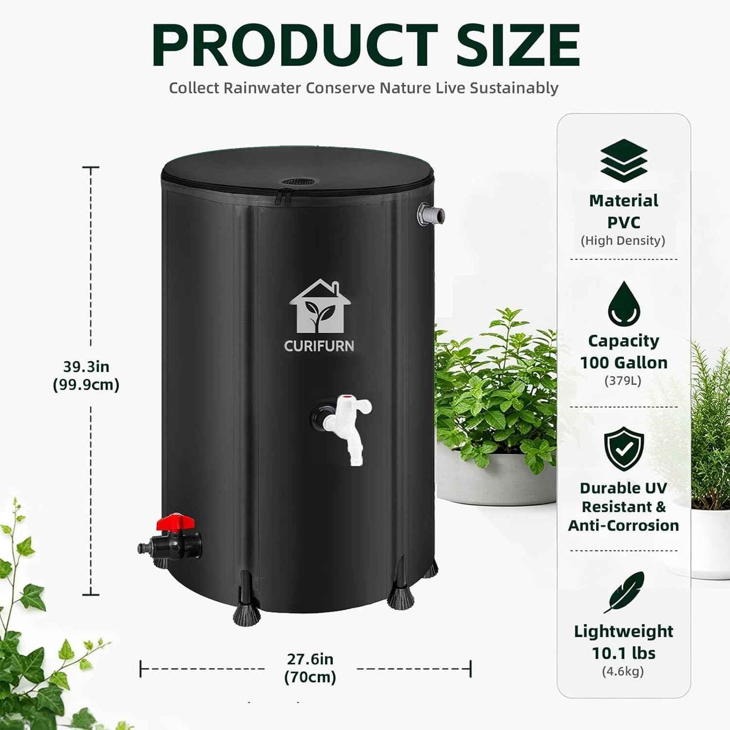 100 Gallon Rain Water Barrel, Portable Rainwater Collect System Water Storage Tank Collapsible Rain Barrel with Filter, Spigot & Overflow Kit (Reinforced Liner+Thickened Legs) - Black