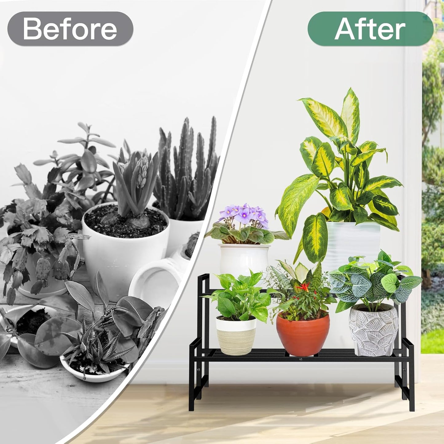 Plant Stand Indoor Outdoor, 2-Tier Wrought Iron Plant Stands, Stackable Metal Plant Shelf Decorative Outdoor Flower Stand Heavy Duty Pedestal Stands for Garden Deck Living Room, Black