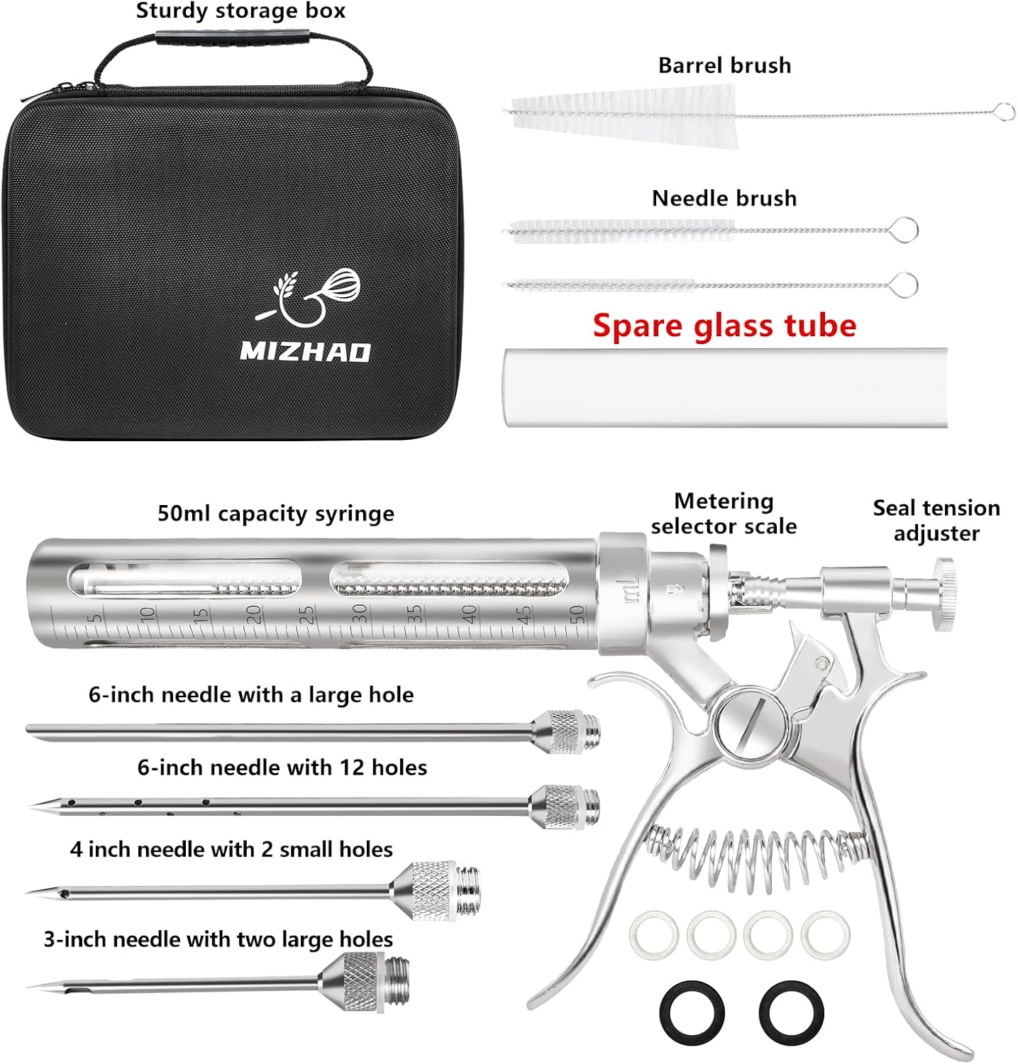 Premium Meat Injector Kit - Stainless Steel Marinade Syringe with 4 Needles, Leak-Proof, Food-Grade Injector for BBQ, Turkey, Chicken, and Grilling – Includes Bonus Glass Tube(9.1in)