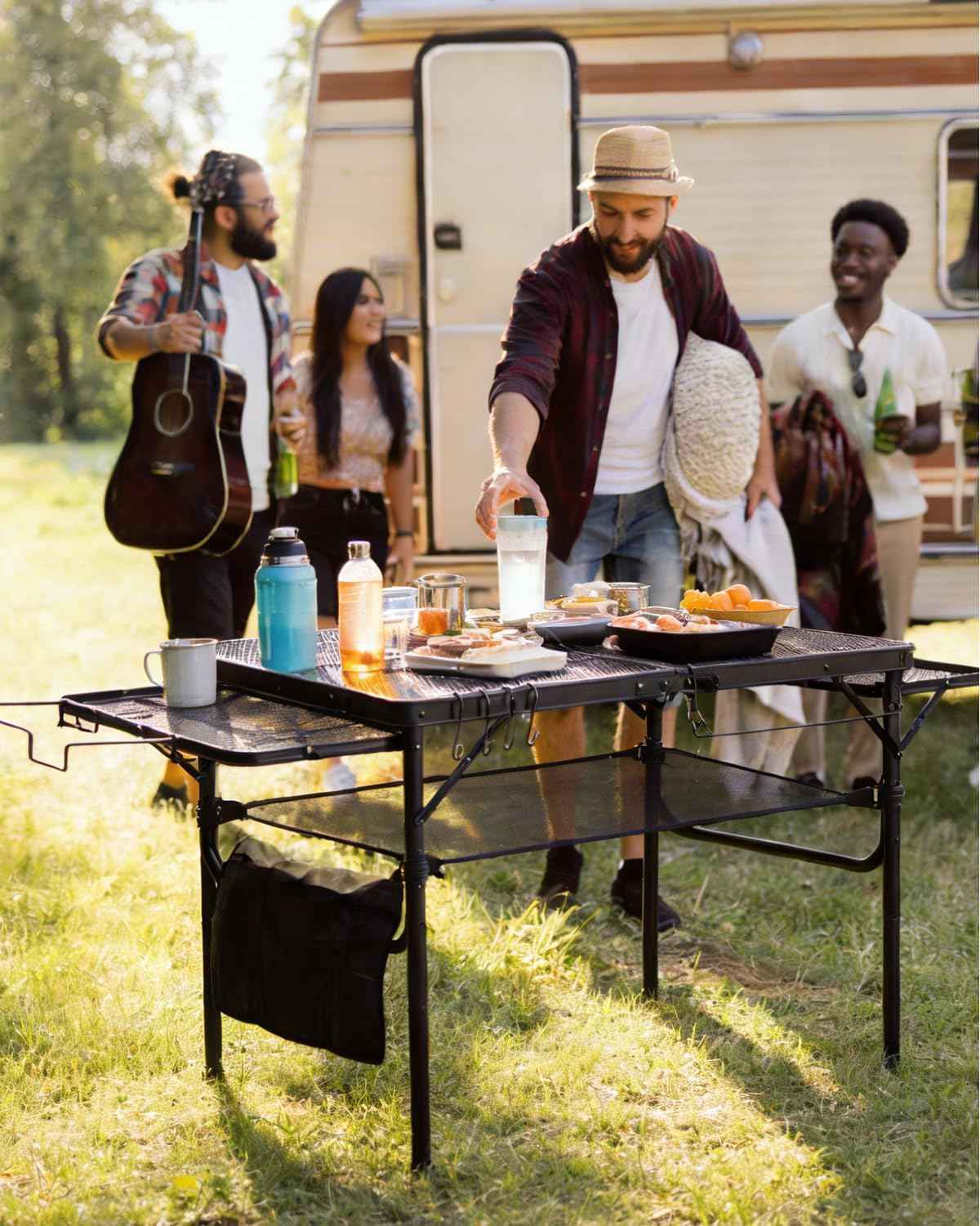 3ft Folding Camping Table with Wing Panels, Metal Mesh Grill Table,2 Adjustable Heights,Folding Table with Storage Net, Paper Towel Holder, Hooks, Trash Bag Rack, for Picnic,Camping,BBQ,Beach(Black)
