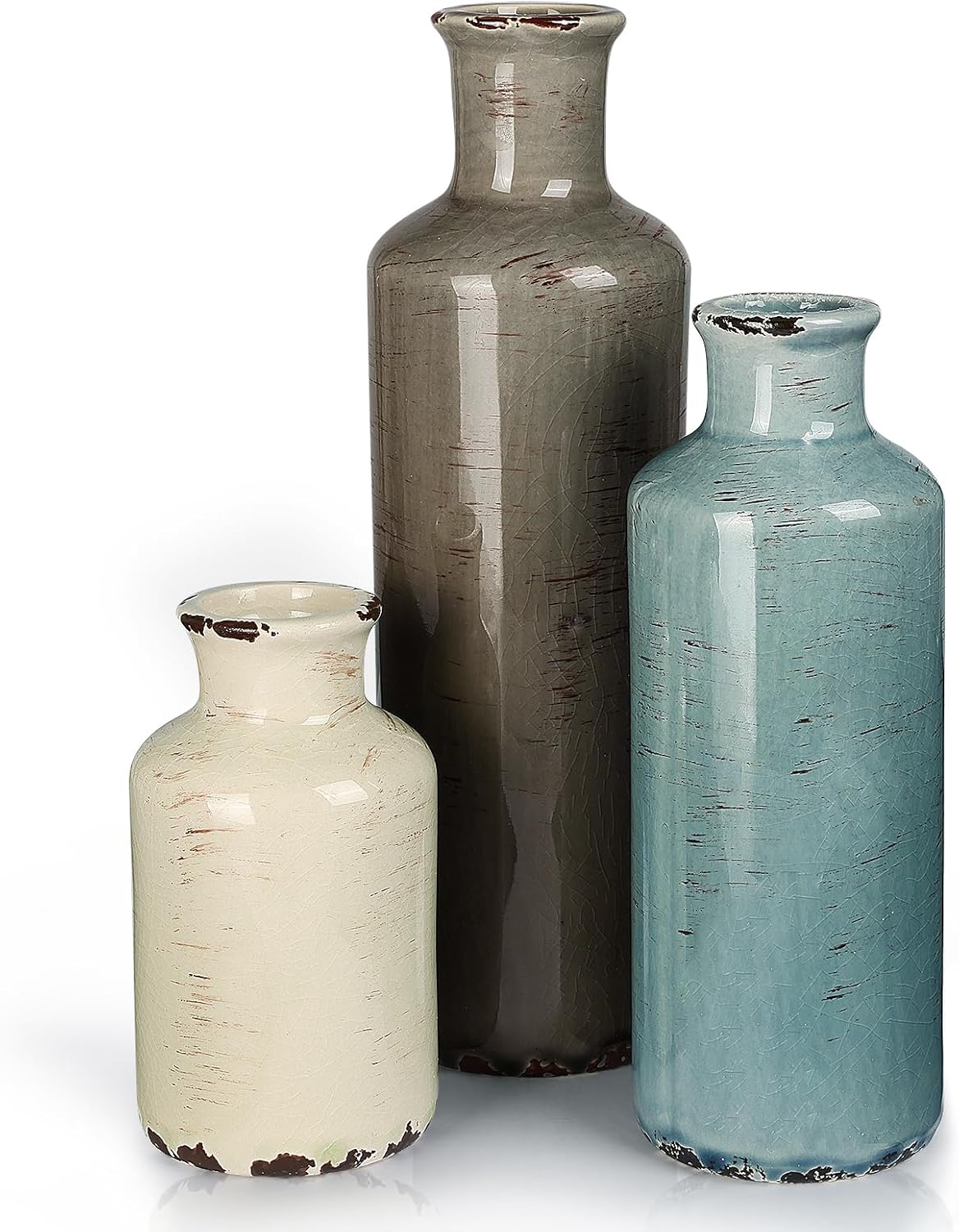 CUCUMI Ceramic Flower Vases Set of 3, Rustic Coastal Home Decor for Farmhouse Shelves, Ocean Beach Style, Mantle, Fireplace, Coffee Table, Shelf for Living Room
