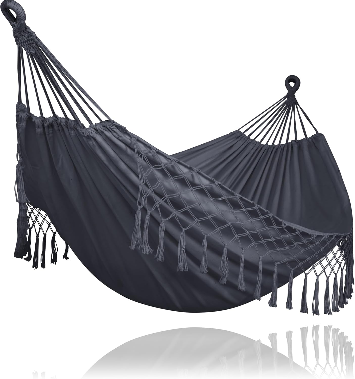 SUNCREAT Extra Large Double Hanging Hammock for Camping, Hammocks for Outside 2 Person Heavy Duty, Dark Gray with Tassels