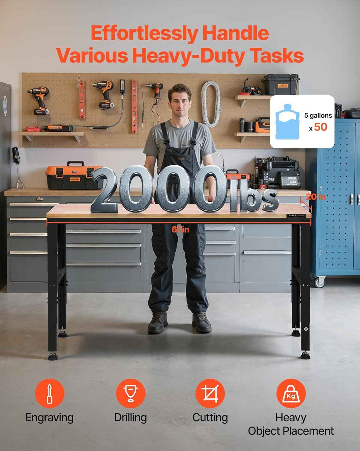 VEVOR Adjustable Workbench, 2000 lbs Capacity, 61 x 20-inch Heavy Duty Work Bench with 27.1-36 Inches Height Adjustment, Garage Workbench with Power Outlets, Suitable for Office, Garage, Workshop