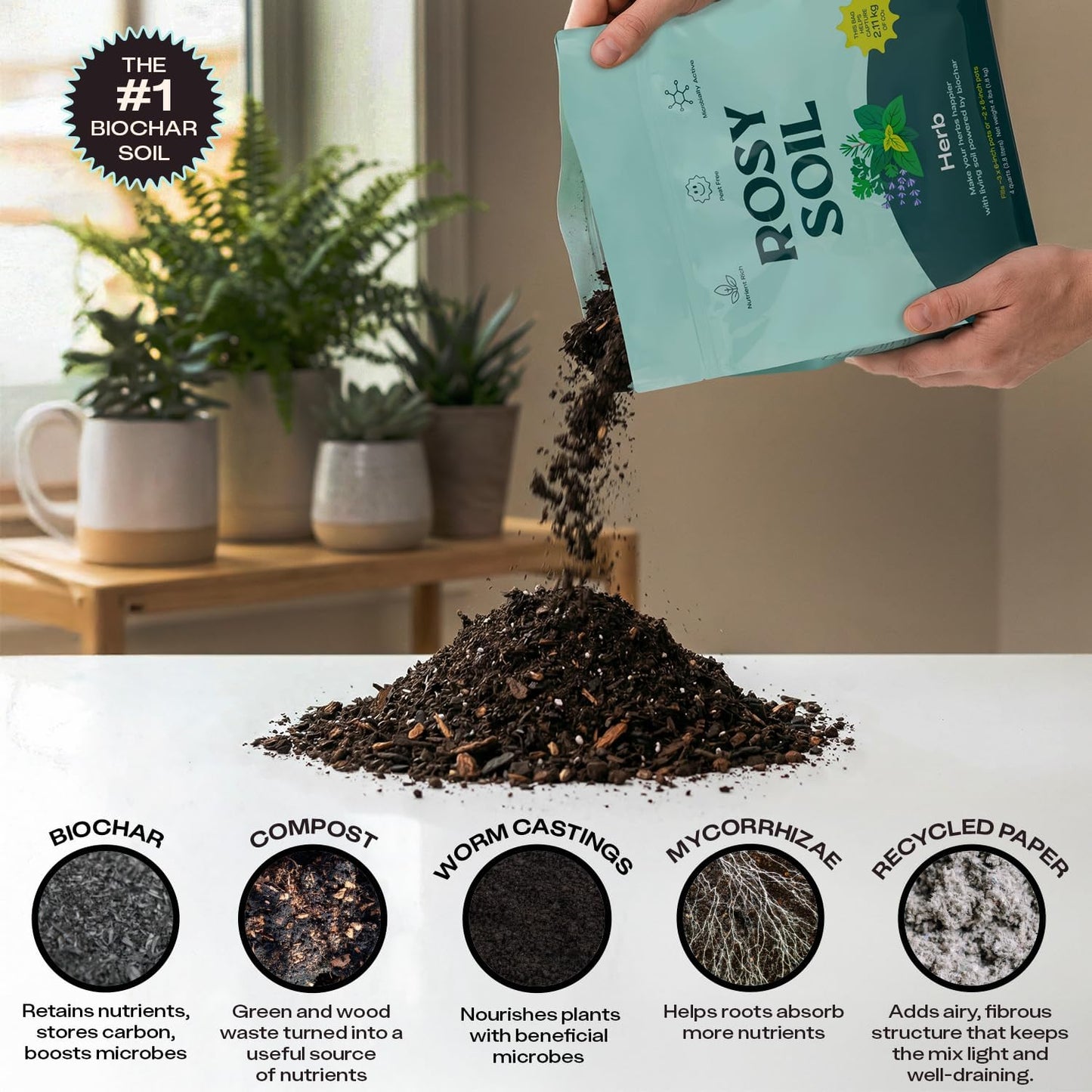 Rosy Soil Herb Mix - Organic Potting Mix for Herbs - Enriched with Biochar, Worm Castings for Root Development, Nutrient Uptake, and Strong Flavor - Fast Draining, Peat Free, Less Prone to Gnats - 4qt