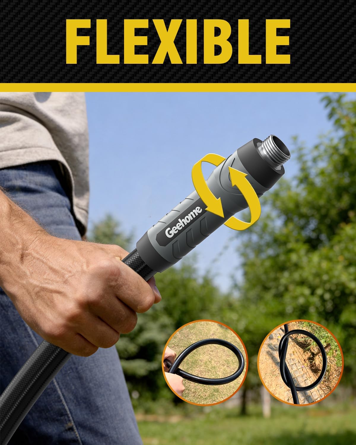 Heavy Duty Garden Hose, 50 ft x 5/8" Polyurethane Water Hose with Swivel Fittings, Flexible, Lightweight, No-Kink, Leakproof, Burst 600 PSI, Black