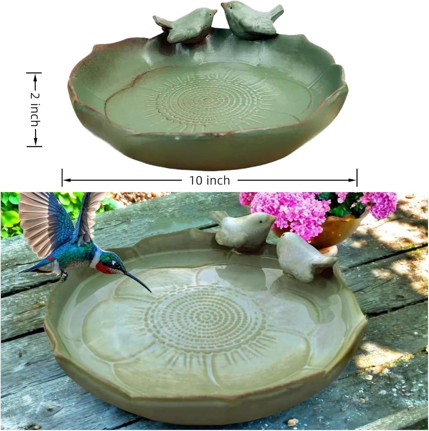 Bird Bath for Outside on Ground, 10 in Ceramic Birds Bath Bowl, Handmade Ground Bird Feeders and birdbath for Outdoors for Outdoors, Garden, Tabletop, Balcony and Lawn (Big - shallow)