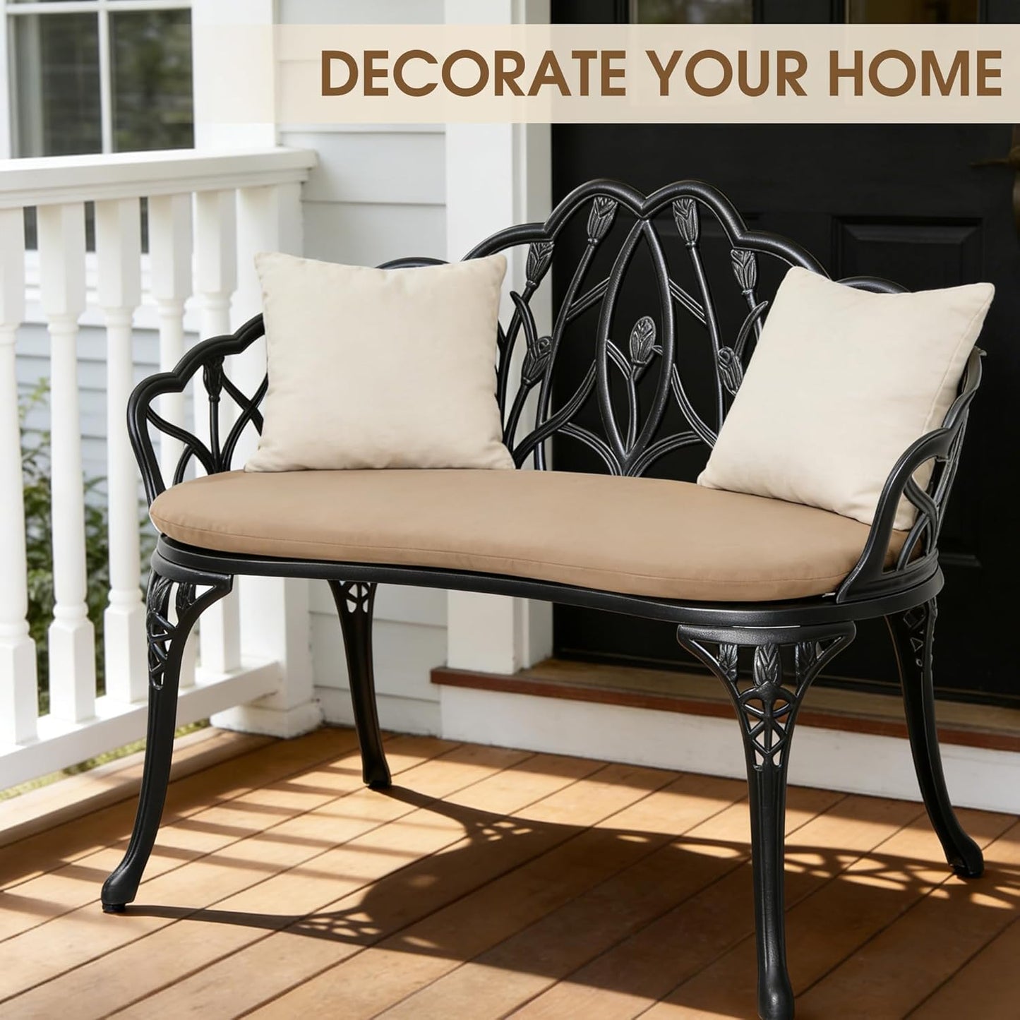 Outdoor Bench with Cushion, Cast Aluminum Double Seating with Backrest and Armrests, Mental Outdoor Furniture for Patio, Porch, Garden, Park, Black Tulip