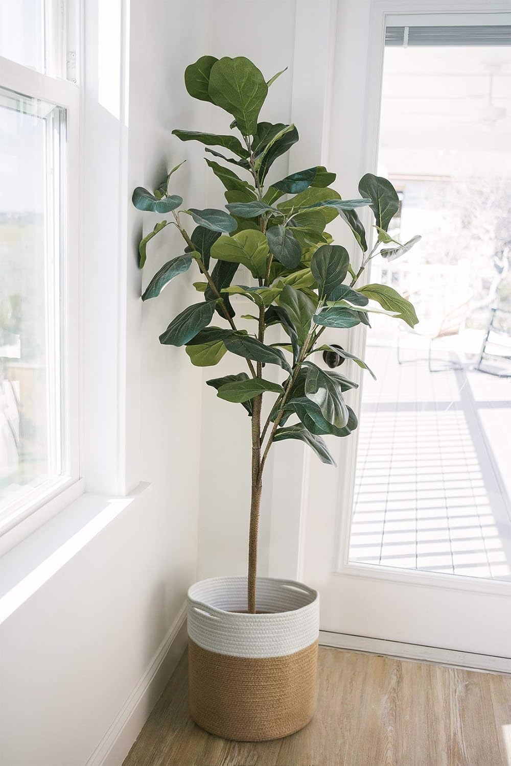 TIMEYARD Jute Rope Plant Basket Large Modern Woven Basket for 11'' Flower Pot Floor Indoor Planters, 12''x12'' Storage Baskets Rustic Home Decor White and Jute