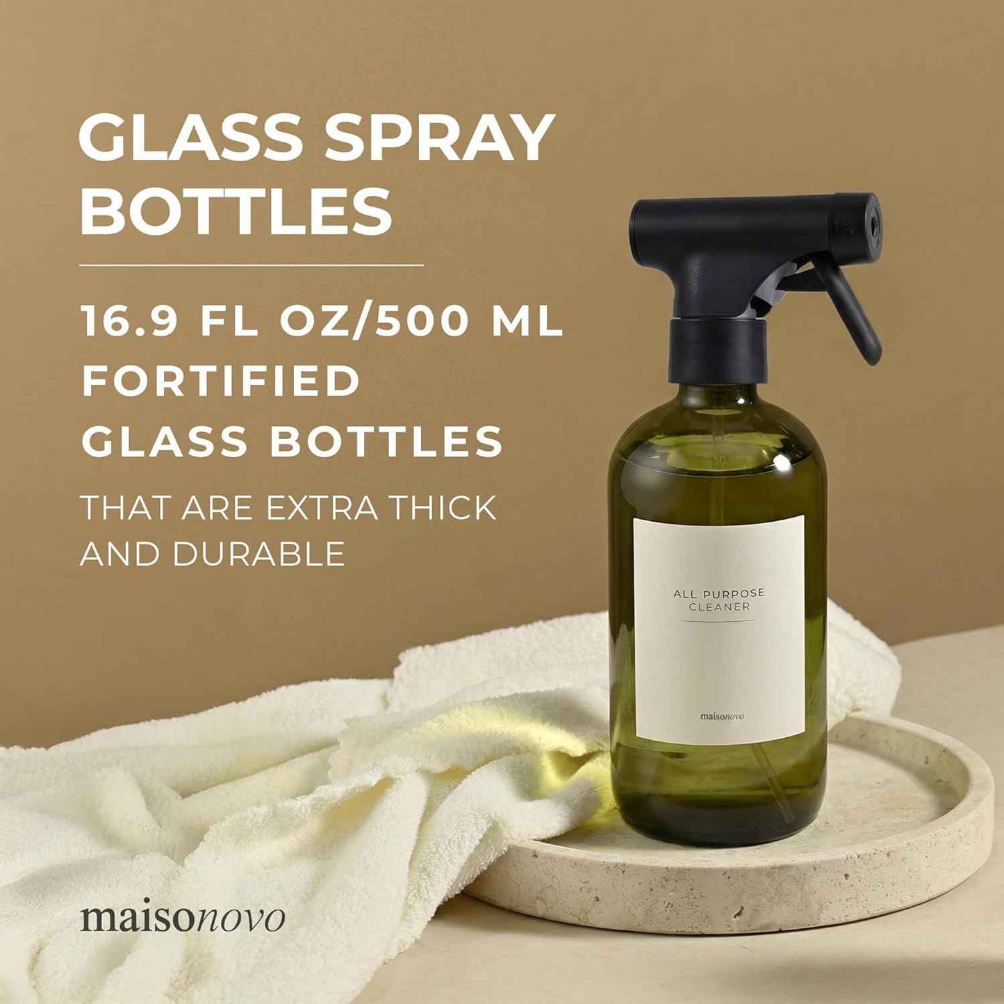 MAISONOVO Dark Green Glass Spray Bottle 16 oz Pack of 2 - Dark Green Spray Bottle for Plants with Fortified Glass & Fine Mist - Ideal for Gardening, Misting, Seedlings & Indoor Plant Care - 16 Labels