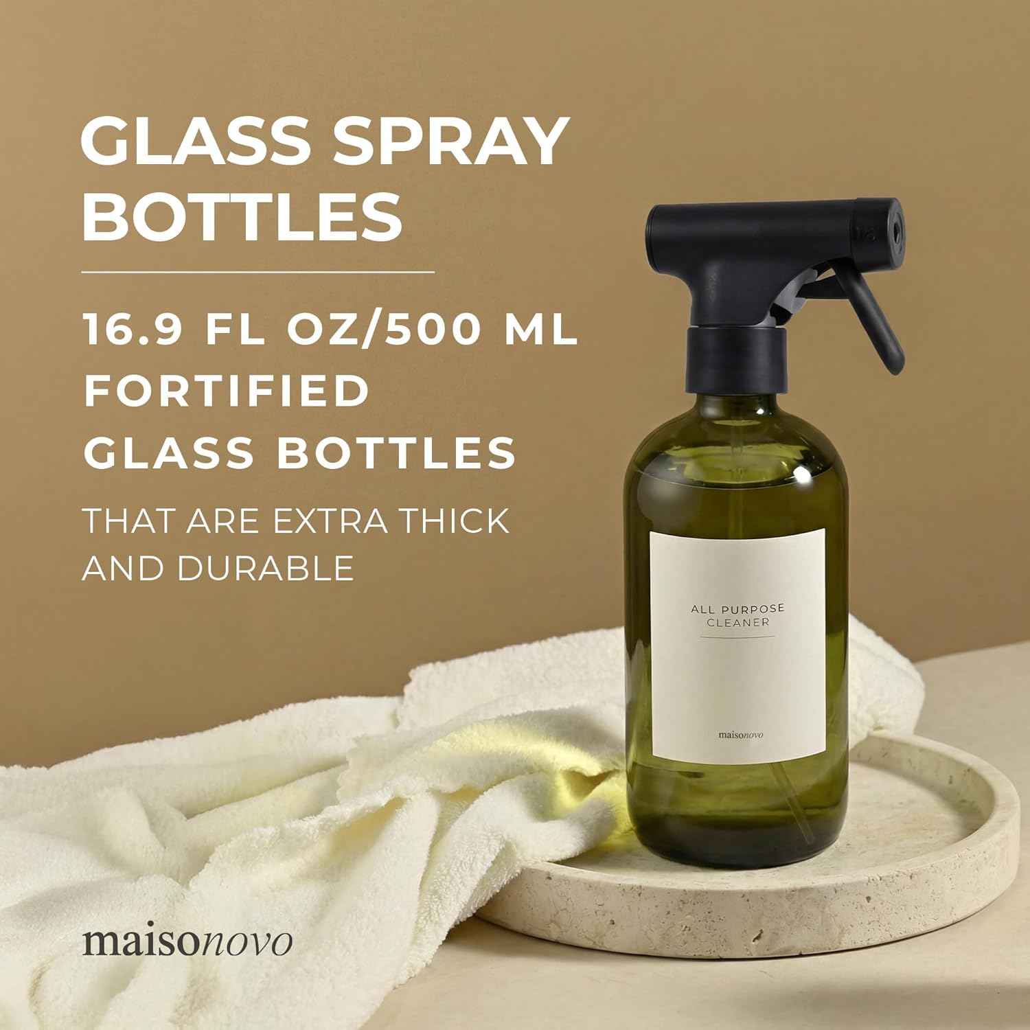 MAISONOVO Dark Green Glass Spray Bottle 16 oz Pack of 2 - Dark Green Spray Bottle for Plants with Fortified Glass & Fine Mist - Ideal for Gardening, Misting, Seedlings & Indoor Plant Care - 16 Labels