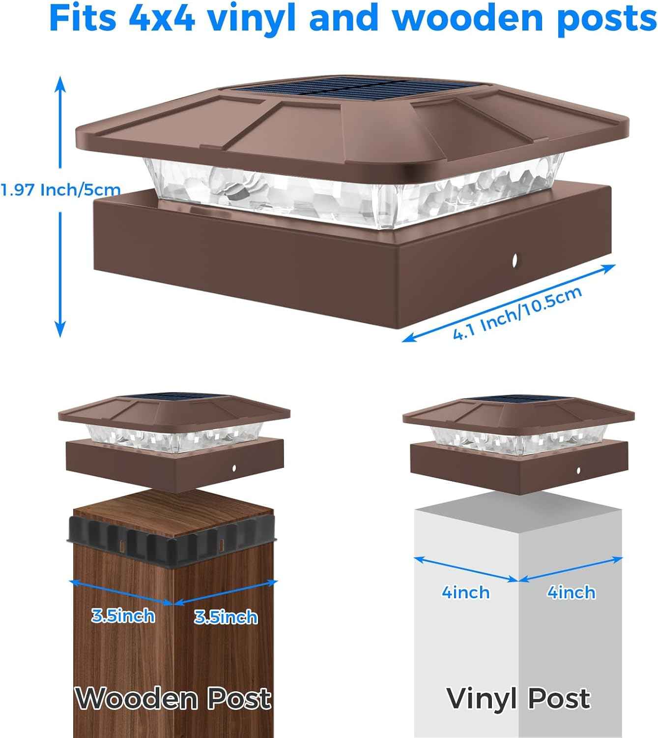 Peasur 4x4 Solar Post Cap Lights Outdoor with 3 Modes, 8 Packs Brown Fence Light Solar Powered Waterproof, Wood/Vinyl Posts Caps Lights for Deck Yard Garden Patio Porch Railing Outside