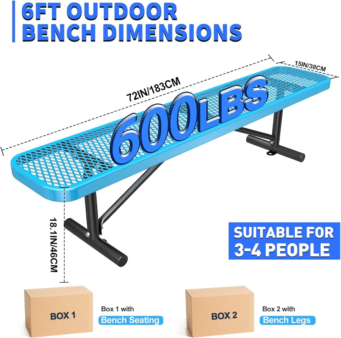 Thermoplastic Coated Iron Park Bench for Outside, Heavy Duty Metal Garden Bench, Expanded Commercial Grade Seating for Shopping Malls, Lawn Yard Porch Entryway (Blue Without Backrest, 48IN)