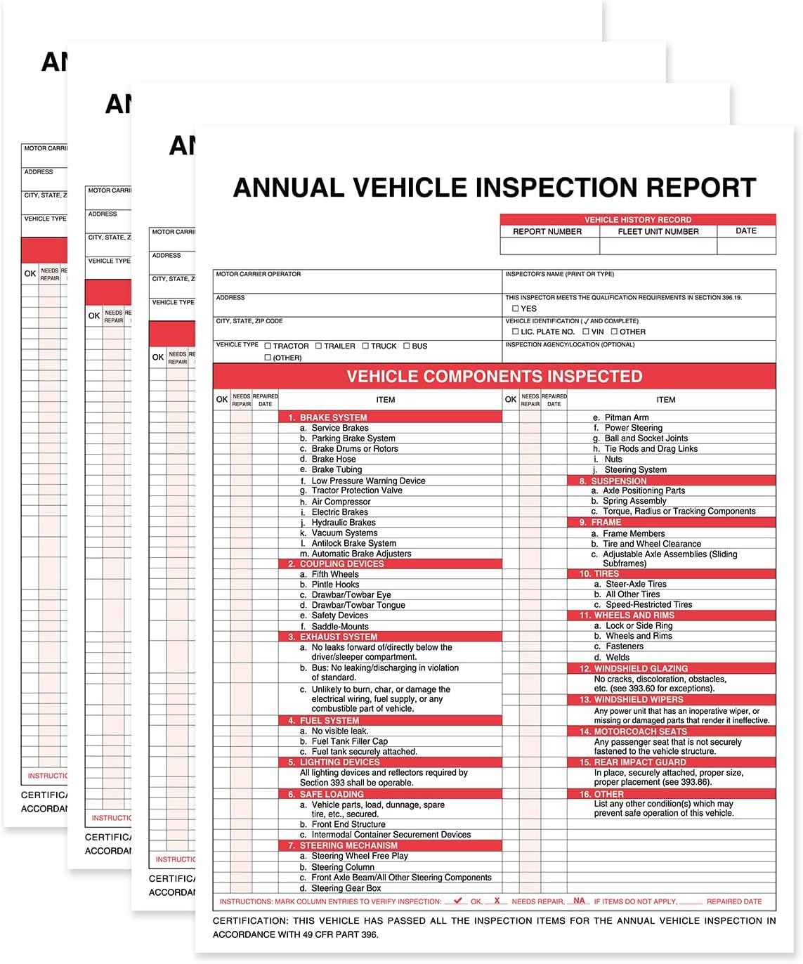 Annual Vehicle Inspection Report Form 25-pk 3-Ply Carbonless, 8.5" x 11.75" + Label Aluminum, Permanent Adhesive 6" x 3.5"