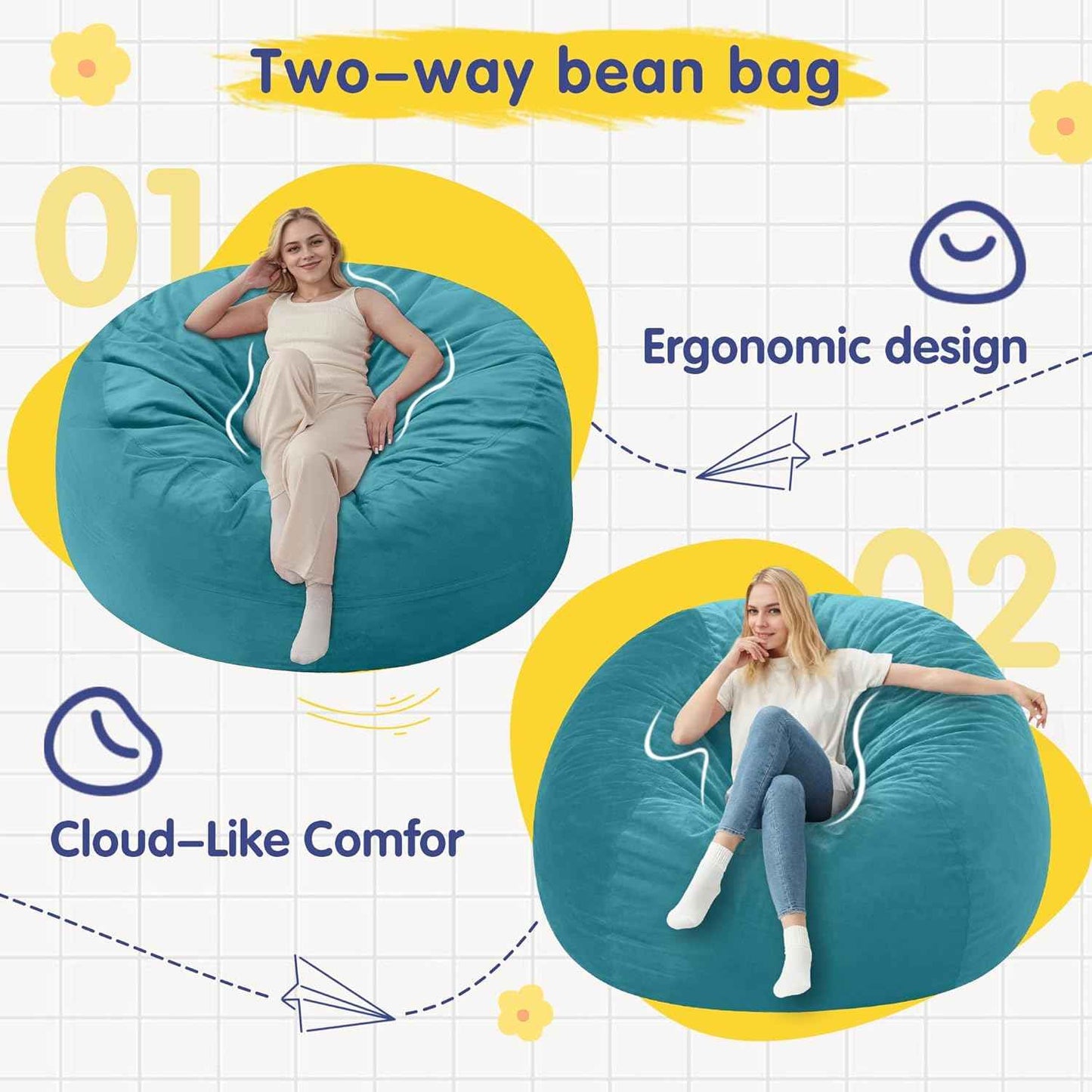 3FT Bean Bag Chairs,Comfy Beanbags Giant Bean Bags Chairs with Memory Foam Filling,Beanbag Chairs for Adults,Machine Washable Cover,Lazy Sofa for Gamming Room,Living Room & Bedroom,Sea Blue
