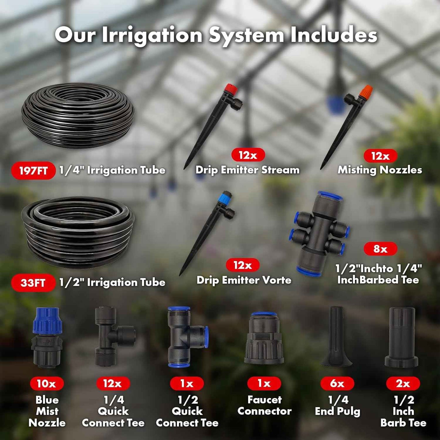 Drip Irrigation System 230FT Quick-Connect Drip Irrigation Kit with 1/4 inch 1/2 inch Irrigation Tubing Hose and Accessories for Lawn Raised Bed Greenhouse Plant Watering System