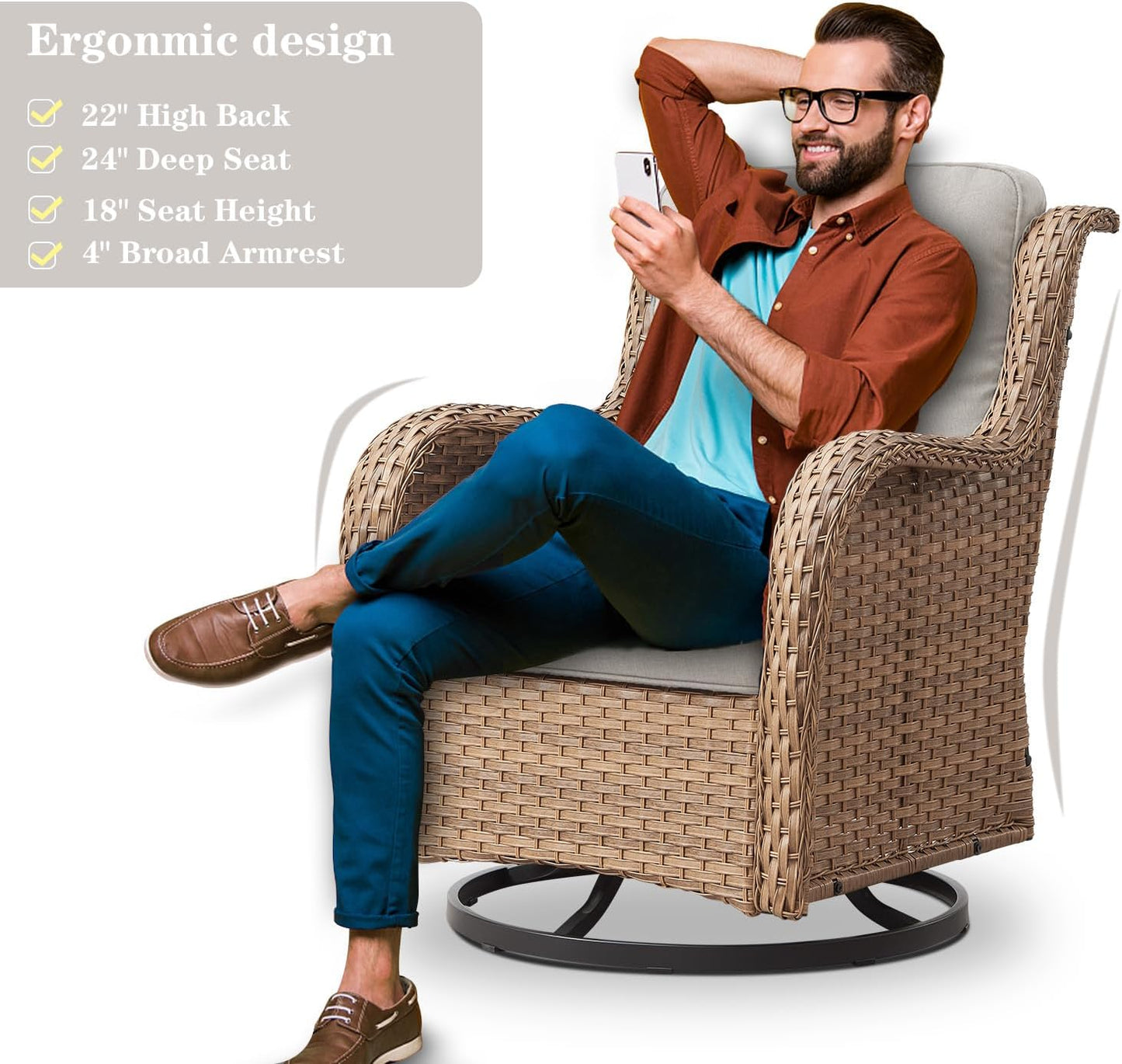 Wicker Outdoor Furniture Patio Furniture Set - 6 Piece Patio Conversation Set with Swivel Rocker Chairs, Rattan Sofa, Ottomans and Coffee Table, Beige Cushion
