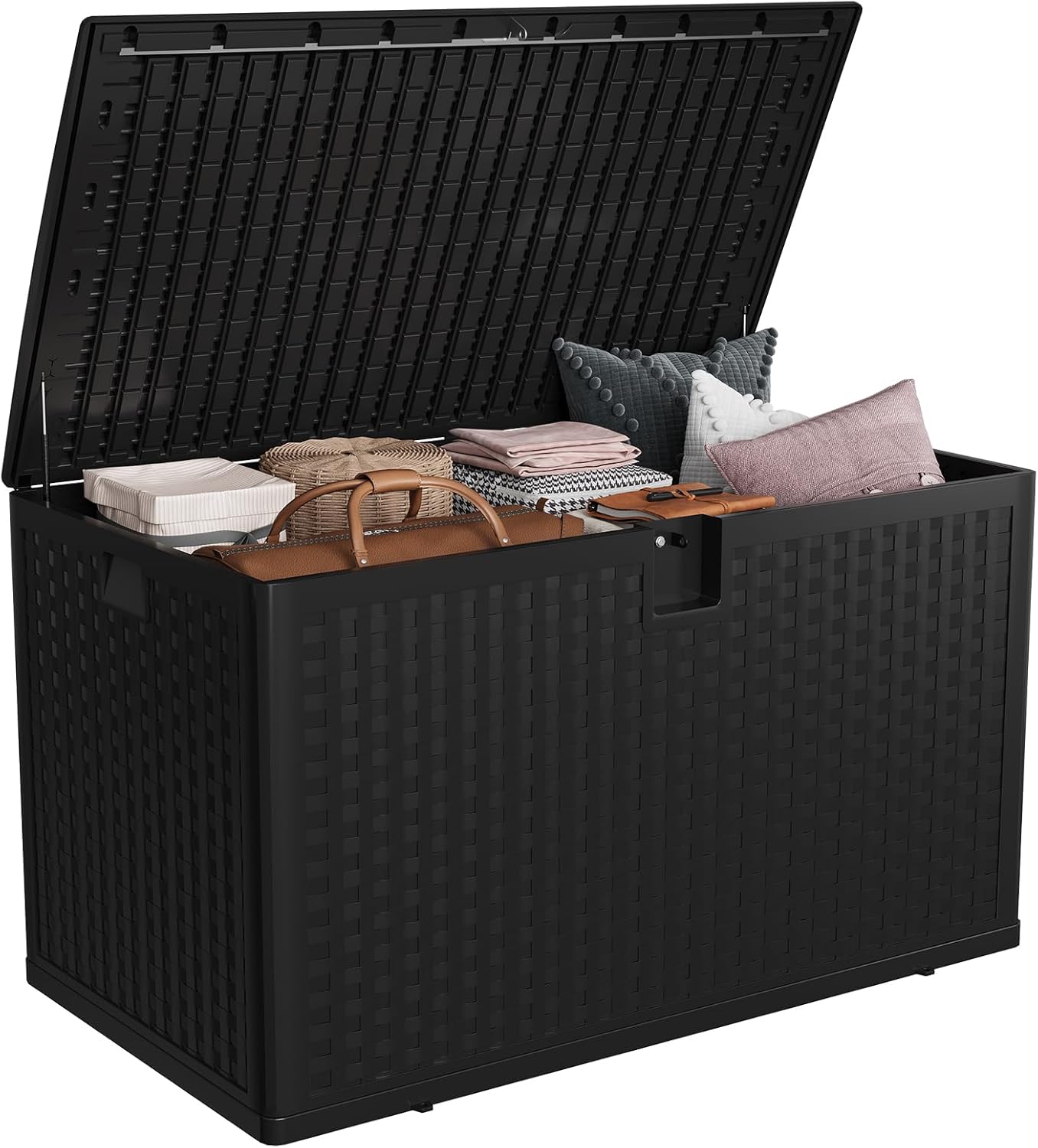 120 Gallon Outdoor Deck Box, Lockable Waterproof Outdoor Resin Box with Lid, Patio Storage Bin for Patio Furniture, Garden Tools, Pool Accessories - Black