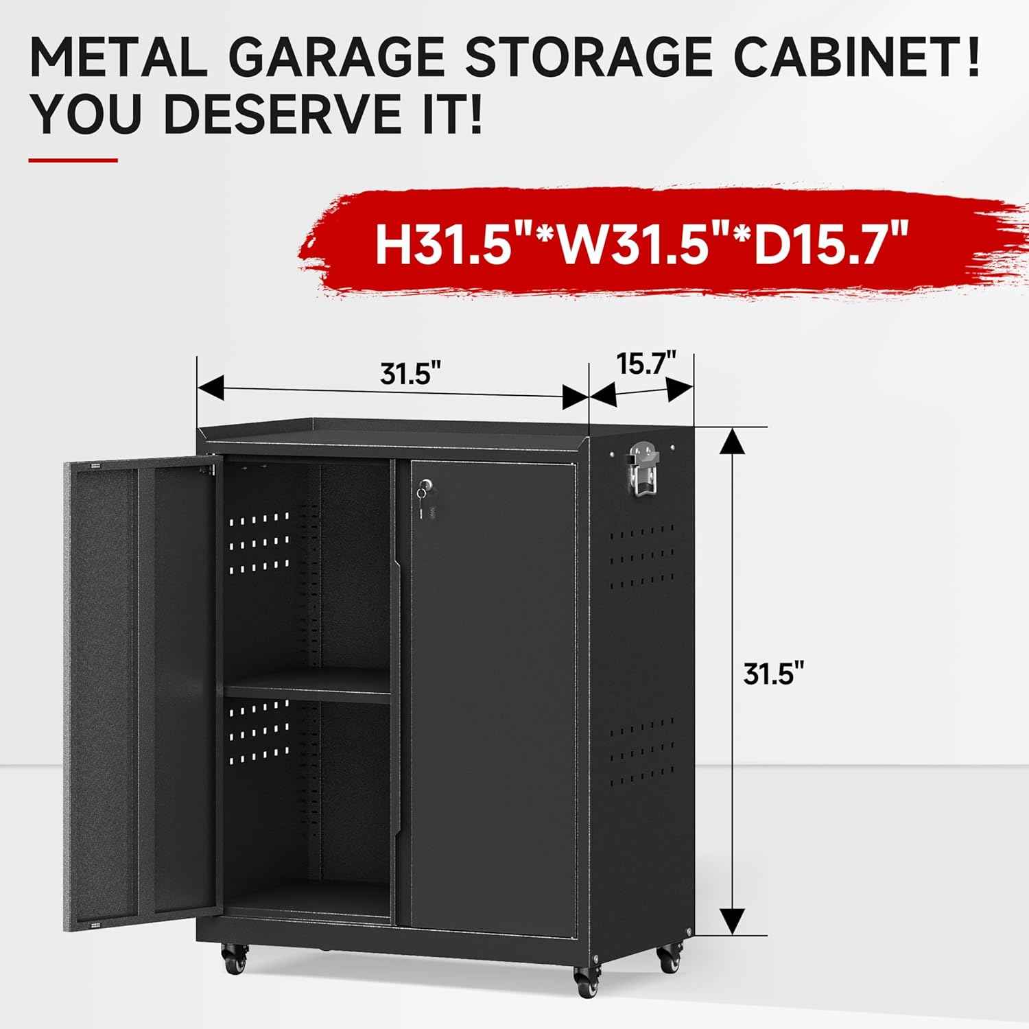 Bestoo Metal Garage Storage Cabinet with Wheels, 31.5" H Tool Locker with Pegboard and Adjustable Shelves, Rolling Storage Cabinet for Garage, Home, Office, Warehouse (Black)