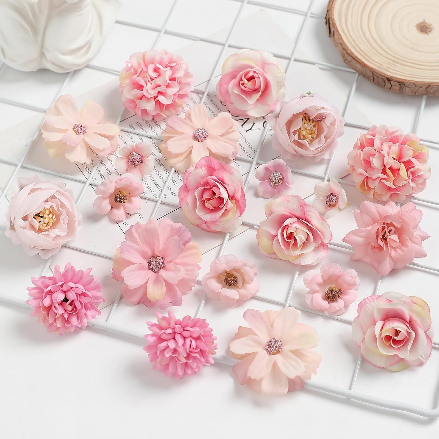 Faux Flower Heads Small Silk Artificial Flower DIY Fake Mini Flowers Rose Daisy Multicolor Flowers Craft Supplies for Wedding Party Wreath Graduation Season Party Home Decor (45, Pink)