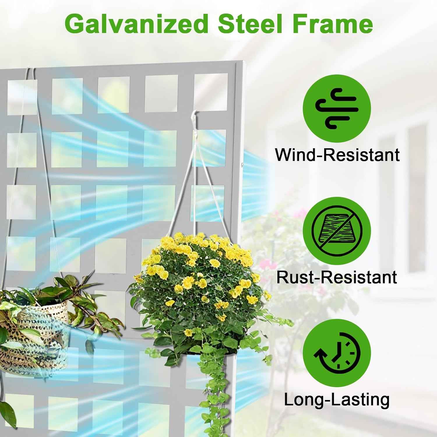 Metal Planter Box with Trellis, Outdoor Galvanized Raised Garden Bed with Privacy Screen & Drainage Holes & Lockable Casters for Climbing Plants, Vegetable
