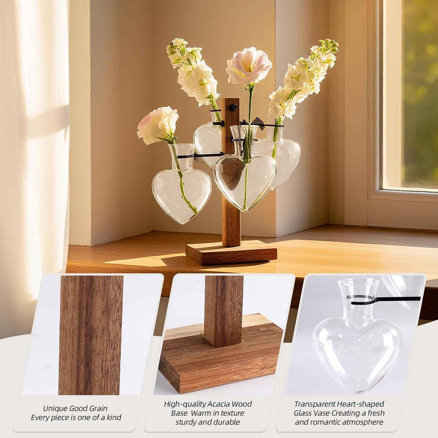 Plant Propagation Station with Acacia Wood Stand, 4 Heart-Shaped Propagation Vases for Plants, Unique Terrarium Kit for Office and Home Decor, Gifts for Plant Lovers
