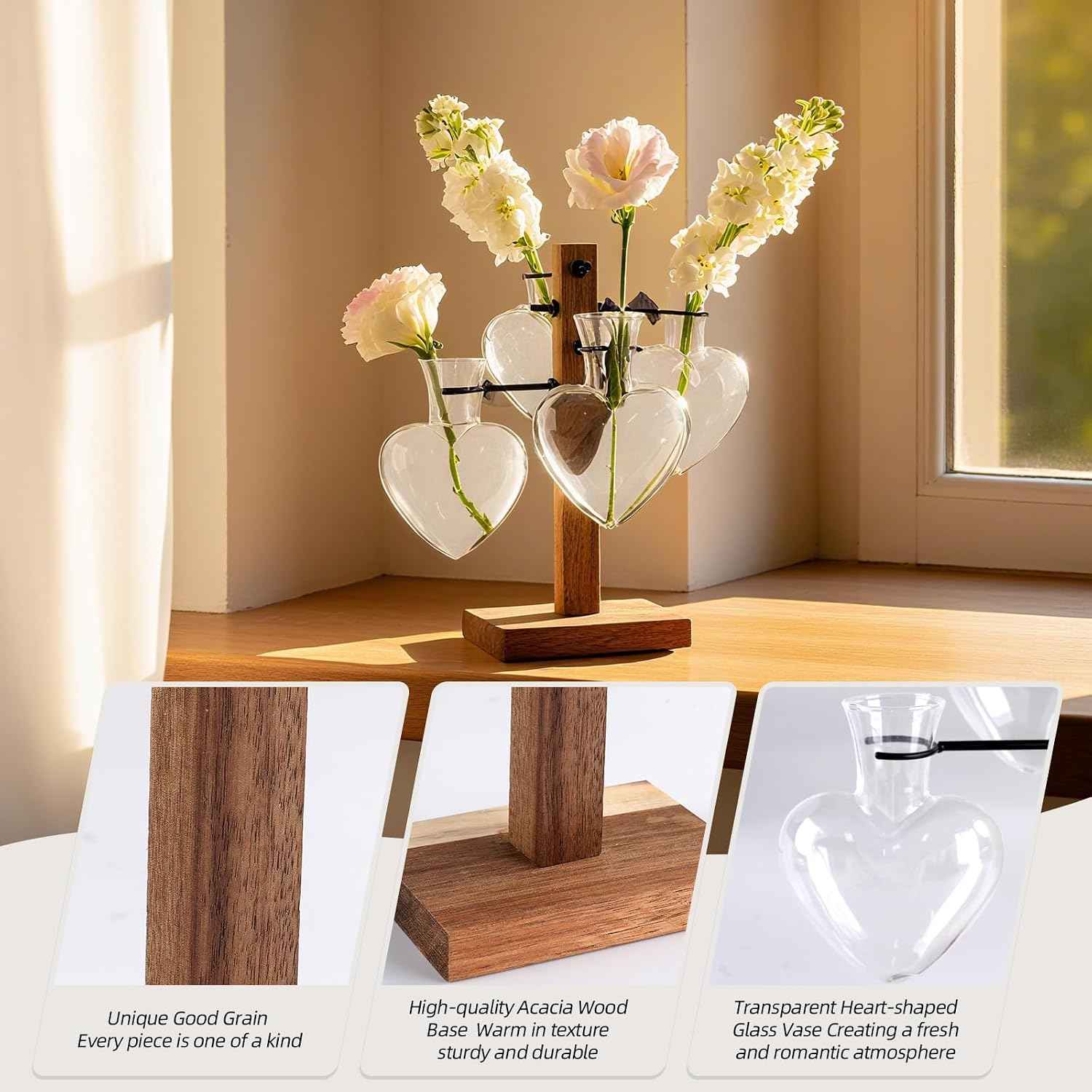 Plant Propagation Station with Acacia Wood Stand, 4 Heart-Shaped Propagation Vases for Plants, Unique Terrarium Kit for Office and Home Decor, Gifts for Plant Lovers