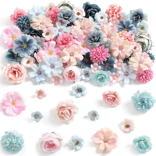 Faux Flower Heads Mini Blue Pink Artificial Flower Heads Fake Peony Daisy Rose Flowers Multicolor Small Silk Daisy Flower Heads for Craft Garland Wedding Party DIY Home Decoration,2-4 cm