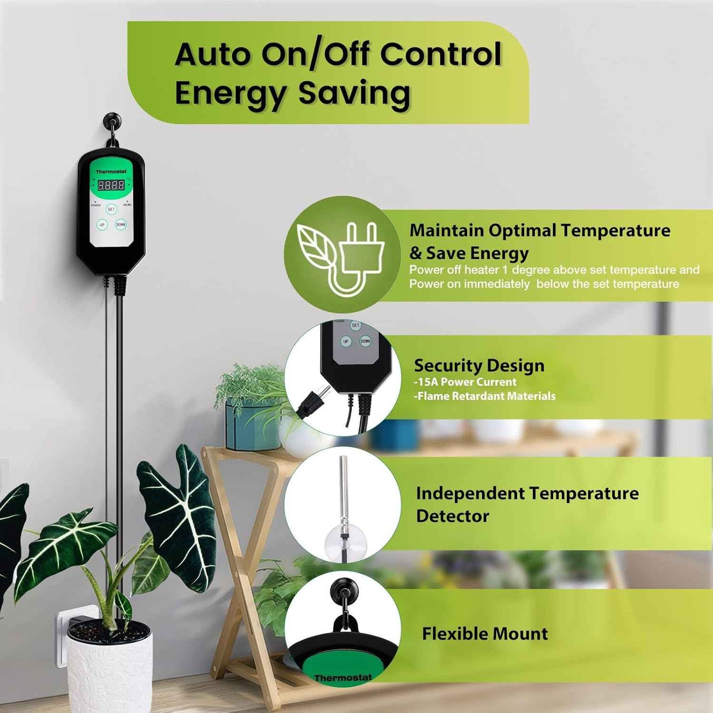 Greenhouse Heater with Thermostat, Large Size, 1500W Electric Heater, Fast Heating, Overheat Protection, Auto Temperature Control with Digital Display, for Winter Plants and Grow Tent