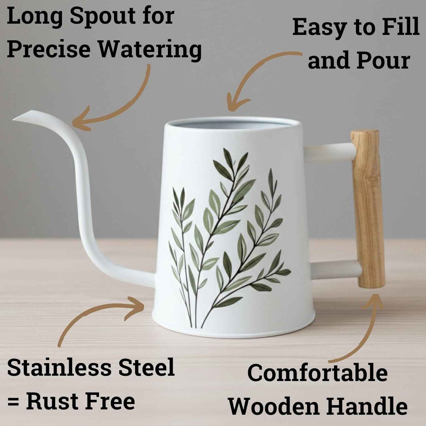 35 oz Metal Small Indoor Watering Can with Long Spout & Real Wood Handle for House Plants, Succulents, Cacti & Seedlings - White Long Spout Watering Can Indoor Plants - Stylish, Gentle Flow, No Spills