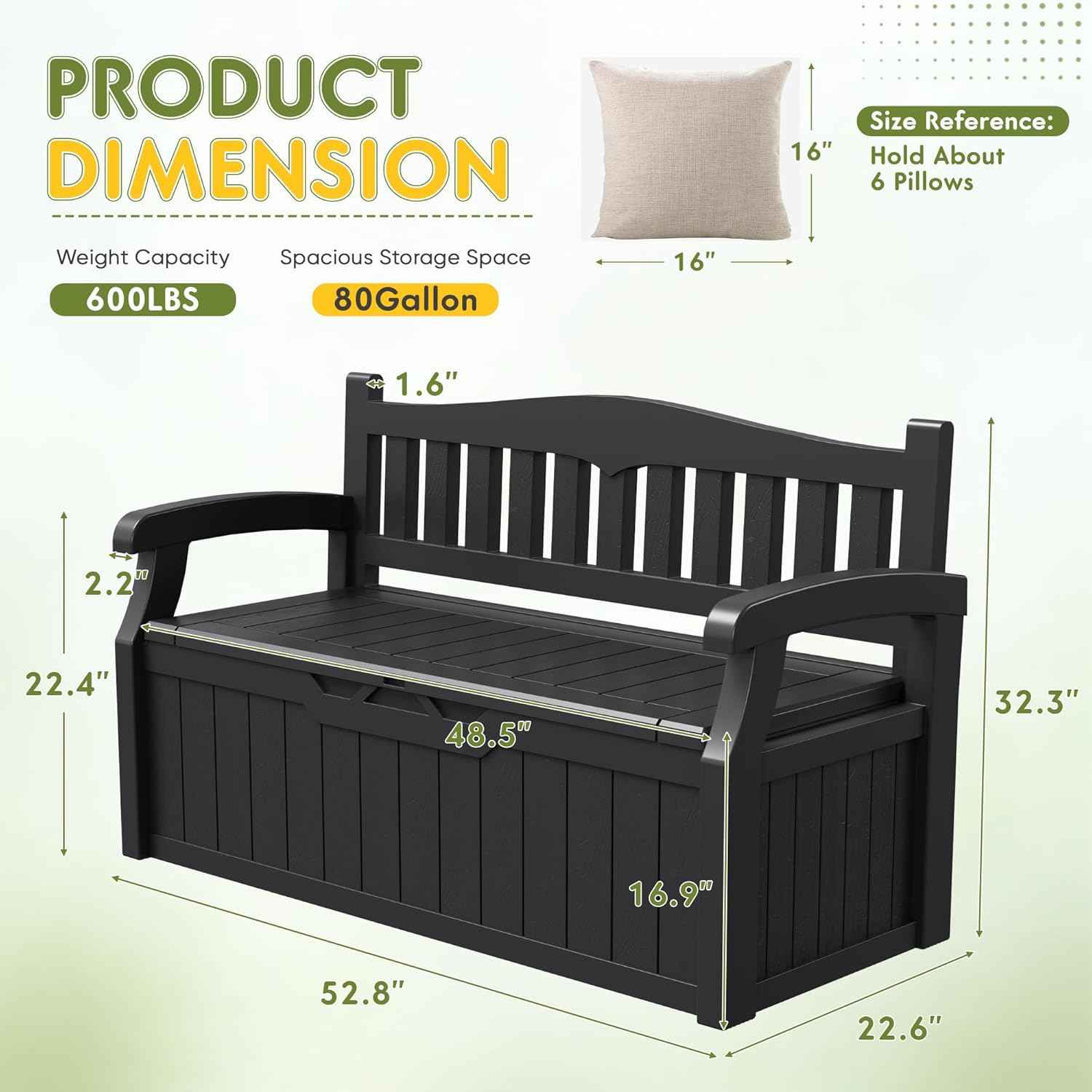Greesum 80 Gallon Storage Bench Outdoor Deck Box with Armrest, Patio Furniture,Lockable, Waterproof and UV Resistant, Suitable for Garden, Pool, Black