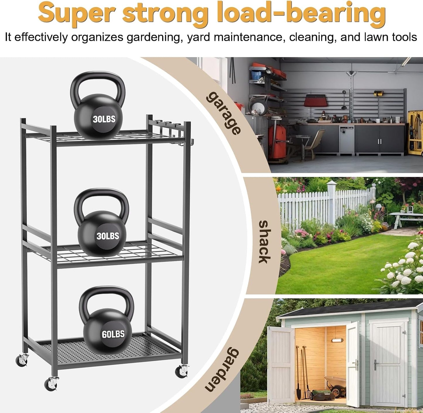 35-Slot Yard Tool Organizer, Garden Tool Rack for Garage, 4 Lockable Wheels & Adjustable Feet, Heavy-Duty Steel Storage Holder for Shovels, Rakes, Brooms & Mops