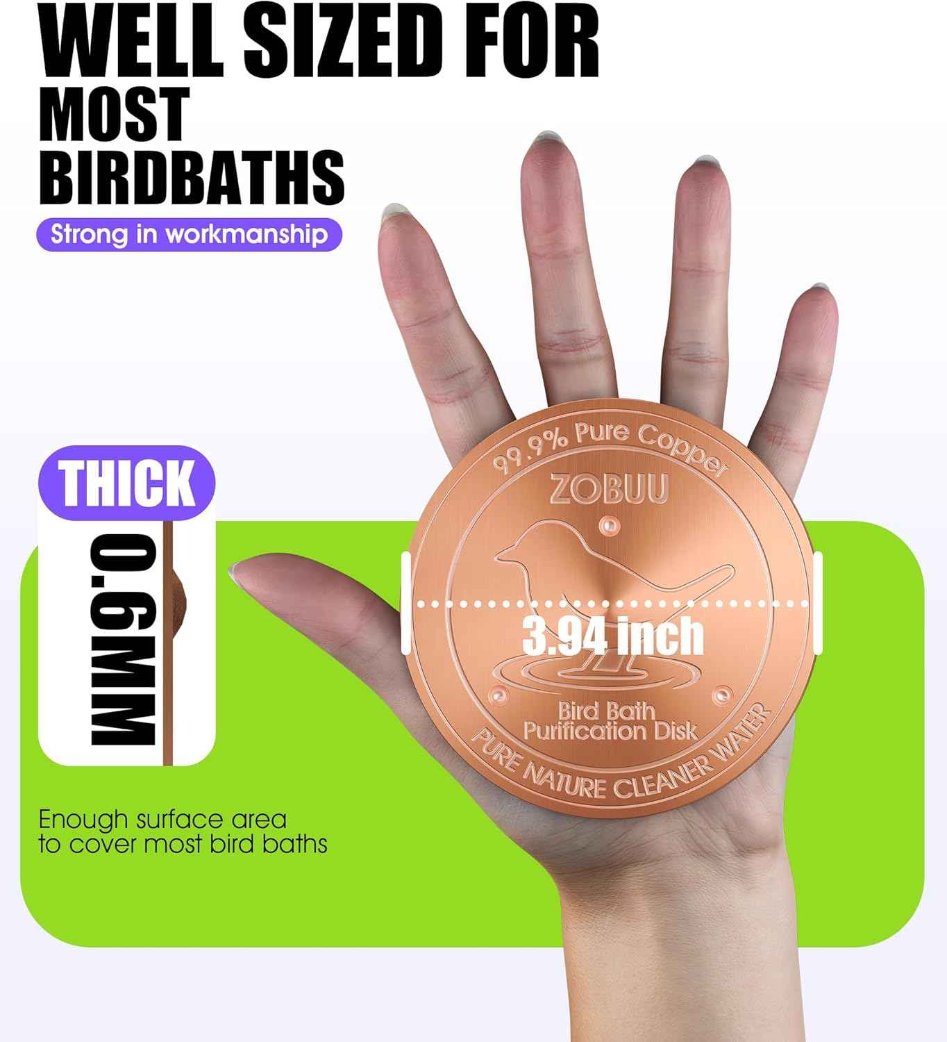 2 Pack Bird Bath Copper Disk, 0.6mm Thickness 99.9% Pure Copper Bird Bath Purification Disk with Triple-Point Support, Year-Round Use, Fits All Outdoor Bird Bath Bowl