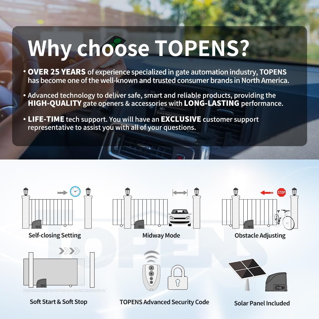 TOPENS DKR500ST Solar Sliding Gate Opener Rack Drive Automatic Gate Motor for Heavy Driveway Slide Gates Up to 1300 Pounds, Electric Gate Operator Battery Powered with Solar Panel Remote Control Kit