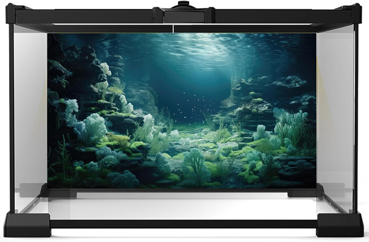 Aquarium Background Underwater Bioluminescent Life Coral Terrarium Backdrop White Coral Lush Moss Fish Tank Background Rock Sunlight Rays Tank Aquarium Wallpaper Poster Vinyl 36x20in