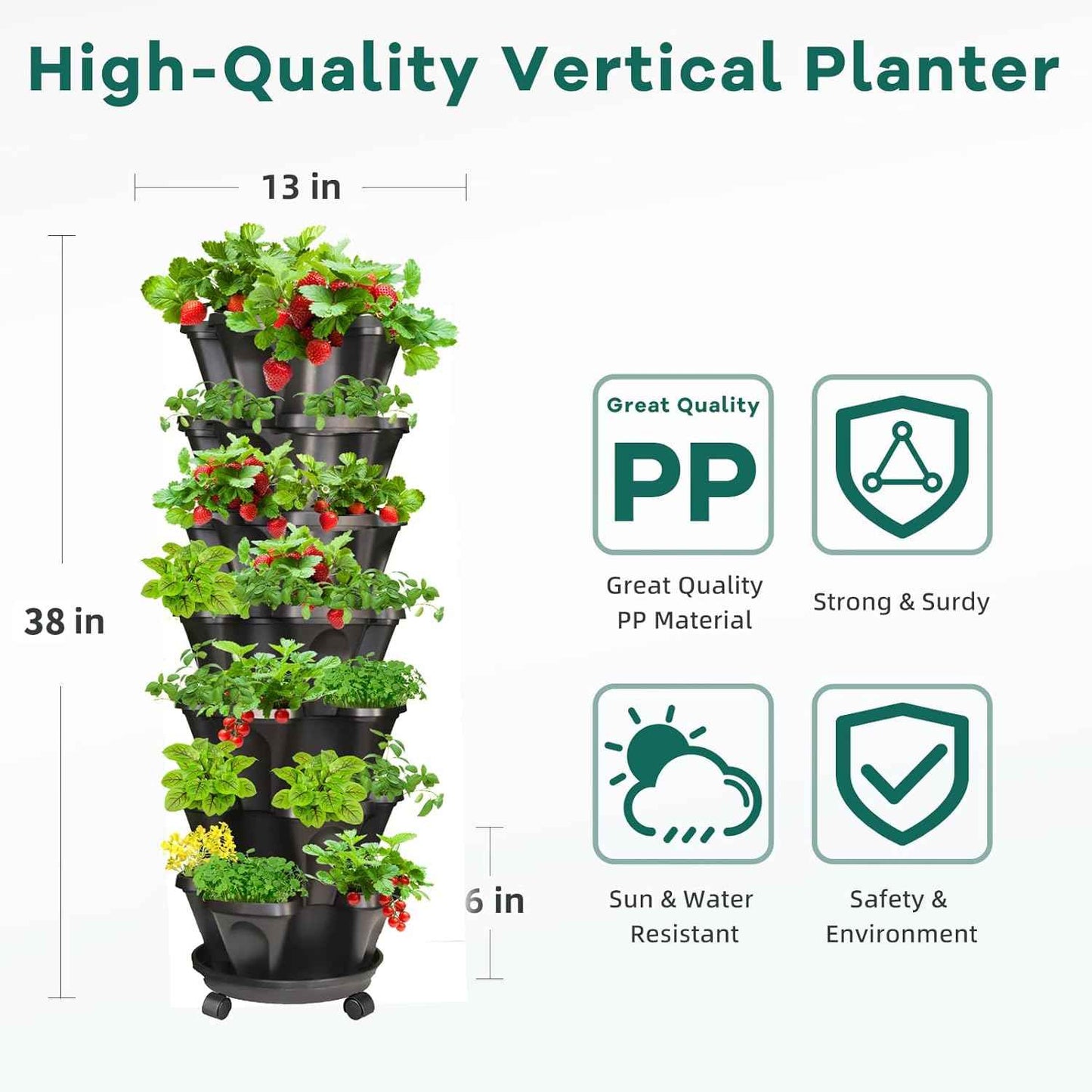 Strawberry Vertical Planter 2 Pack, 7 Tiered Stacking Garden Tower, Stackable Herb Vegetable Planters with Support Pole Indoor Outdoor Black