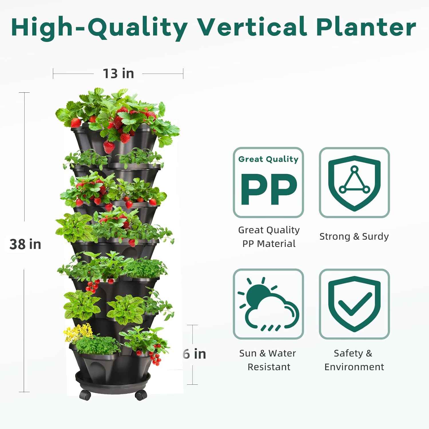 Strawberry Vertical Planter 2 Pack, 7 Tiered Stacking Garden Tower, Stackable Herb Vegetable Planters with Support Pole Indoor Outdoor Black