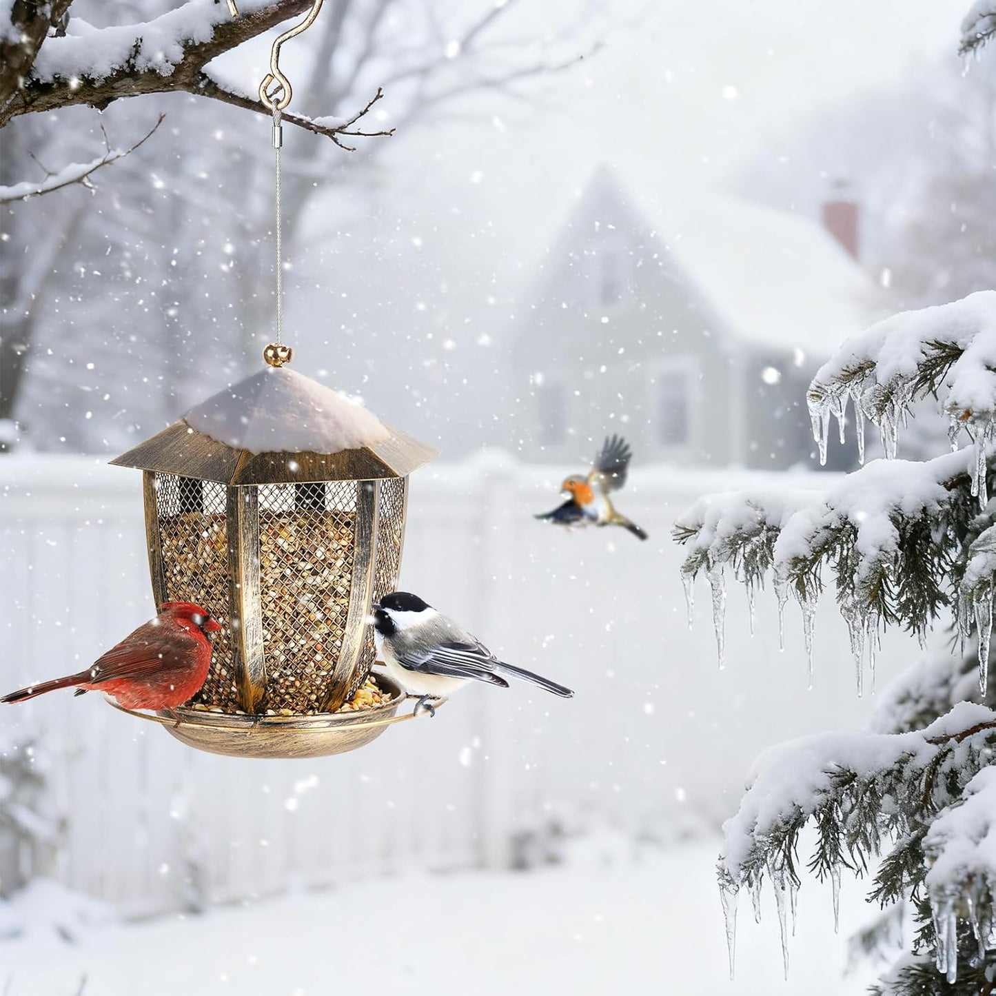 LBTING Bird Feeder for Outside, Hexagon Lantern-Shaped Metal Bird Feeder, Wild Bird Feeders for Hanging Outdoor Garden Yard