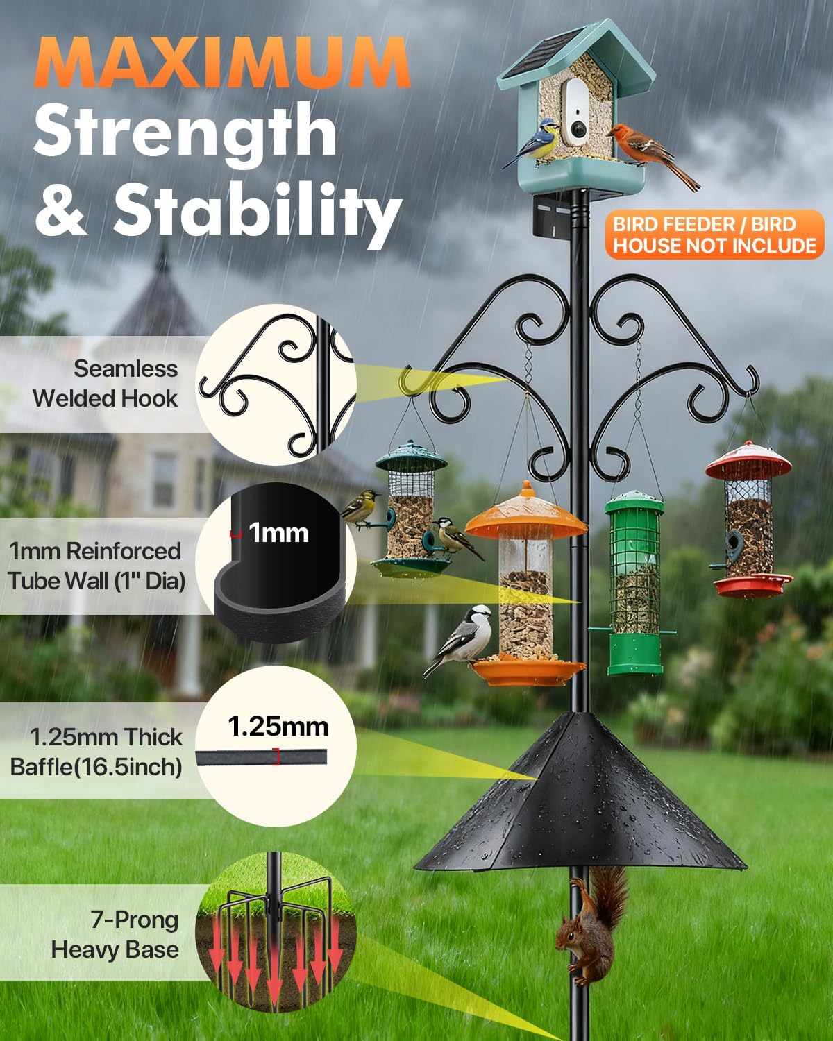 92 Inch Squirrel Proof Bird Feeder Pole with Baffle, 7-Prong Base Heavy Duty Bird House Pole with Shepherd Hooks for Outdoors Adjustable Yard Bird Feeding Station for Hanging Camera Bird Feeders Plant