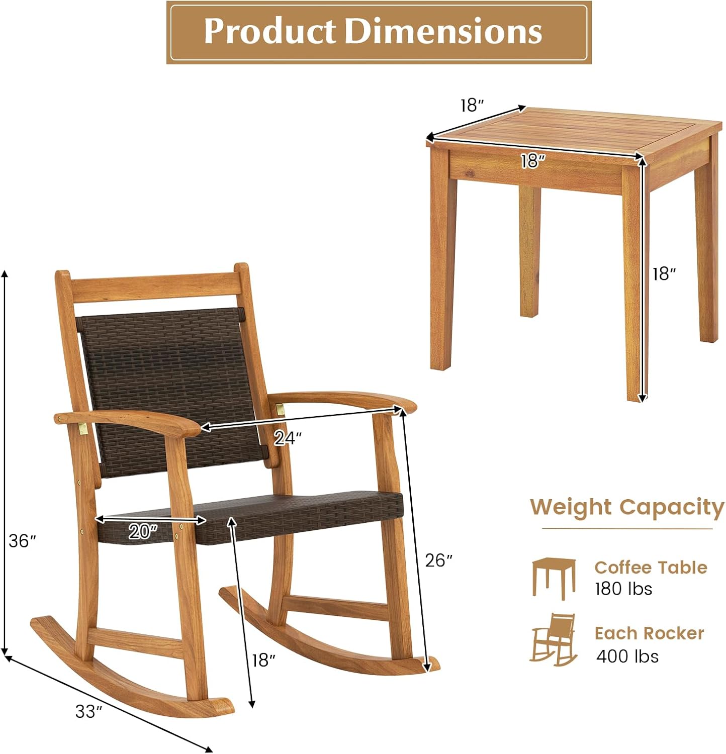 3 Pieces Rocking Chair Set, Acacia Wood Rocking Set with Coffee Table, Wicker Seat & Backrest, Patio Bistro Set Outdoor Conversation Set for Balcony, Garden, Backyard & Poolside