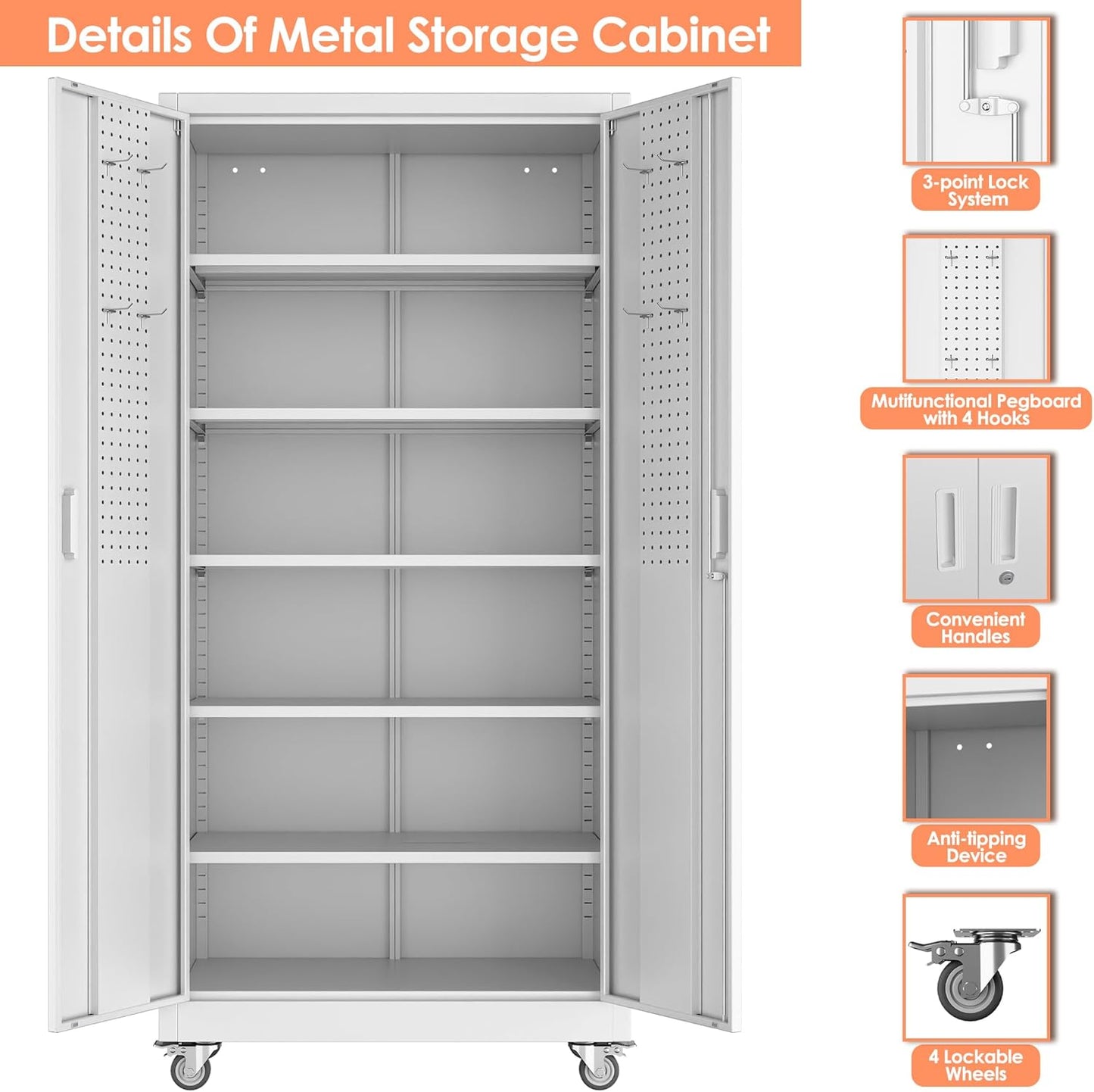 Aobabo 71" H×32" W×16" D Metal Storage Cabinet with Wheels, Garage Steel Storage Cabinet with 5 Adjustable Shelves and 4 Hooks for Home Office, Kitchen, Assembly Required, White
