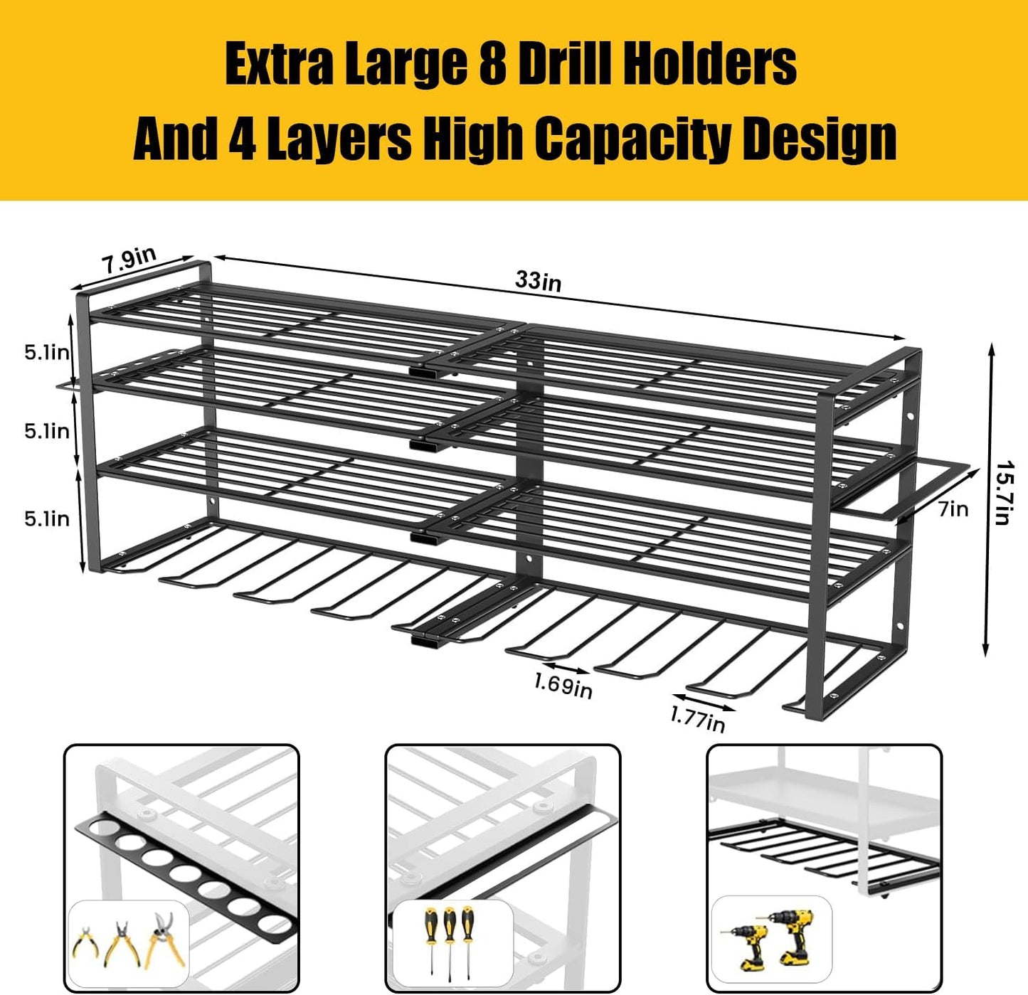 Wall Mount Power Tool Organizer, 4 Layer 8 Drill Hangers Storage Rack, Tool Organizers and Storage for Garage, Workshop, Pegboard, Shed - 33 inch